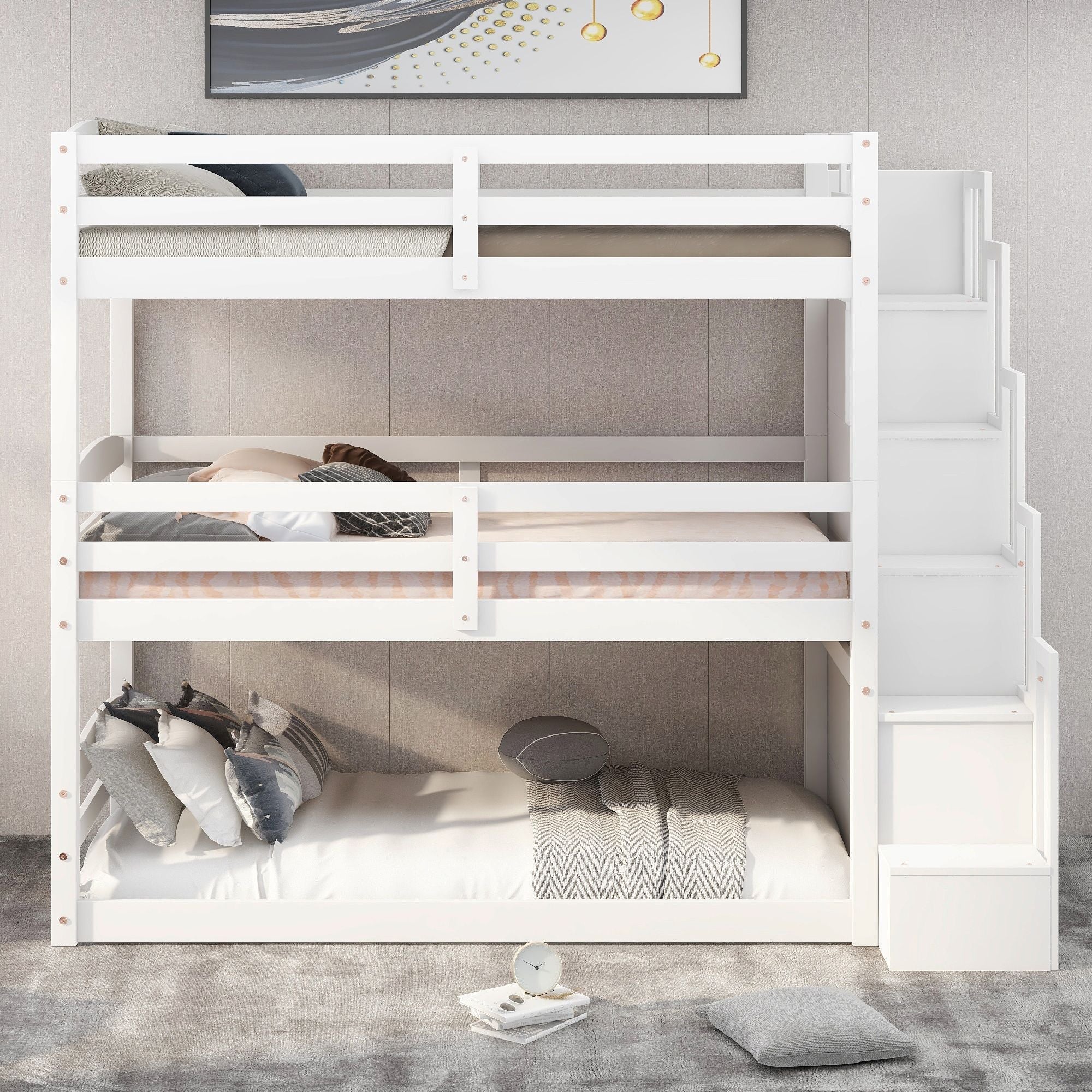 Space-Saving Twin Triple Wood Bunk Bed with Storage Staircase, White | Just Better Bunk Beds