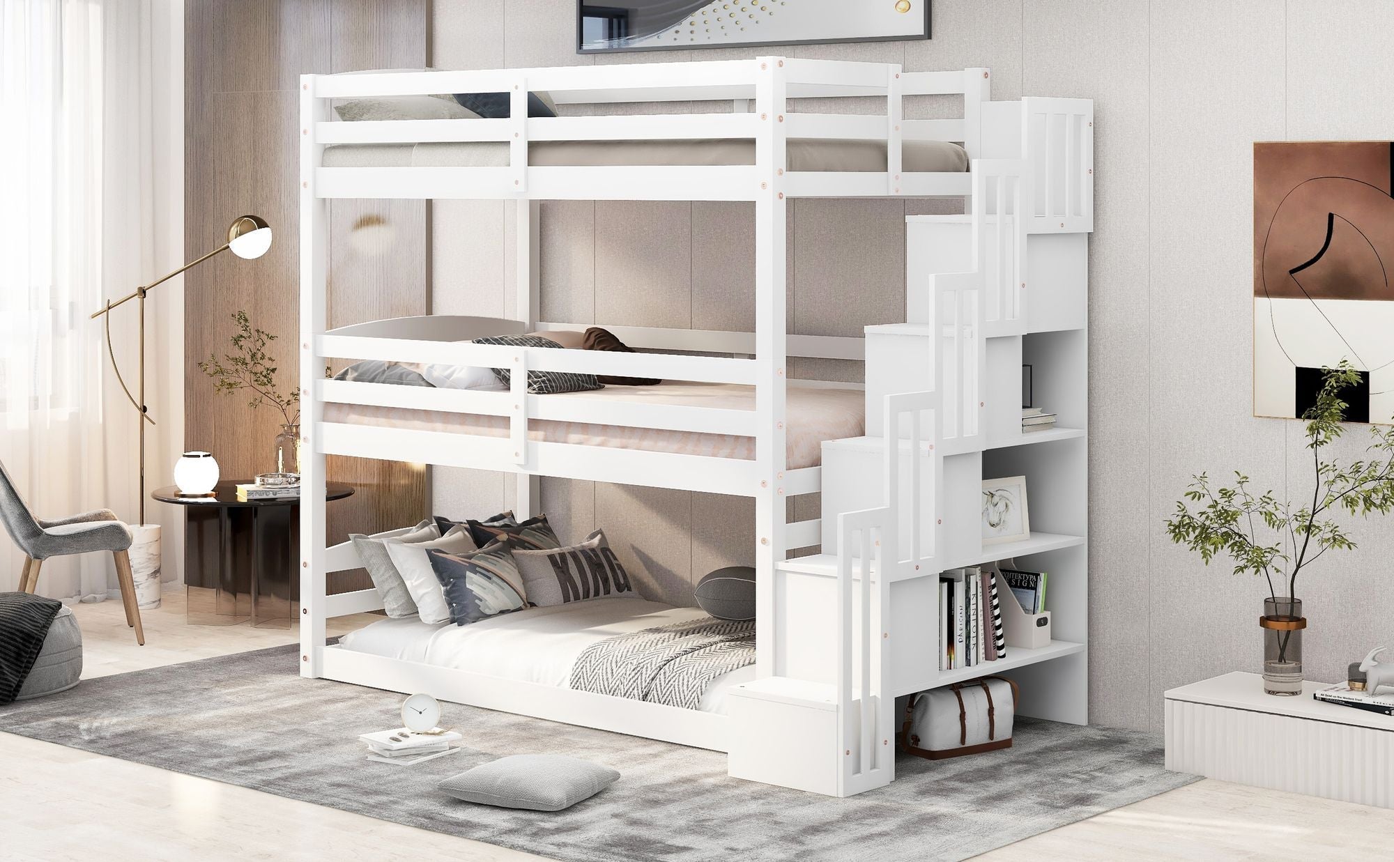 Space-Saving Twin Triple Wood Bunk Bed with Storage Staircase, White | Just Better Bunk Beds