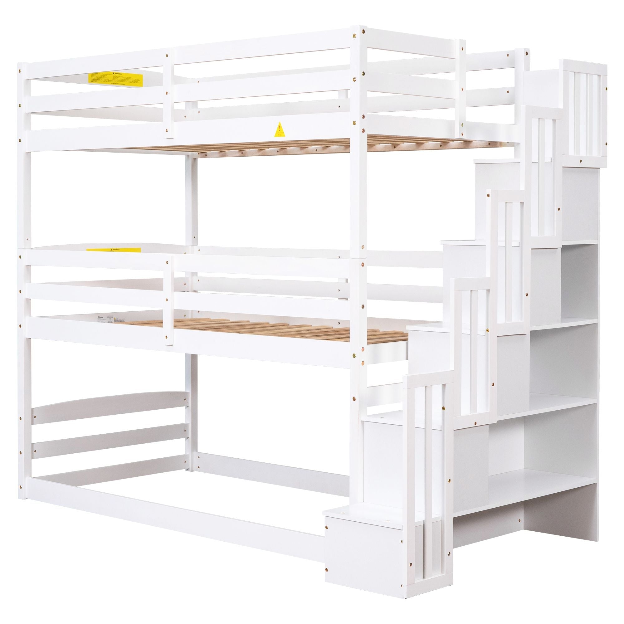 Space-Saving Twin Triple Wood Bunk Bed with Storage Staircase, White | Just Better Bunk Beds