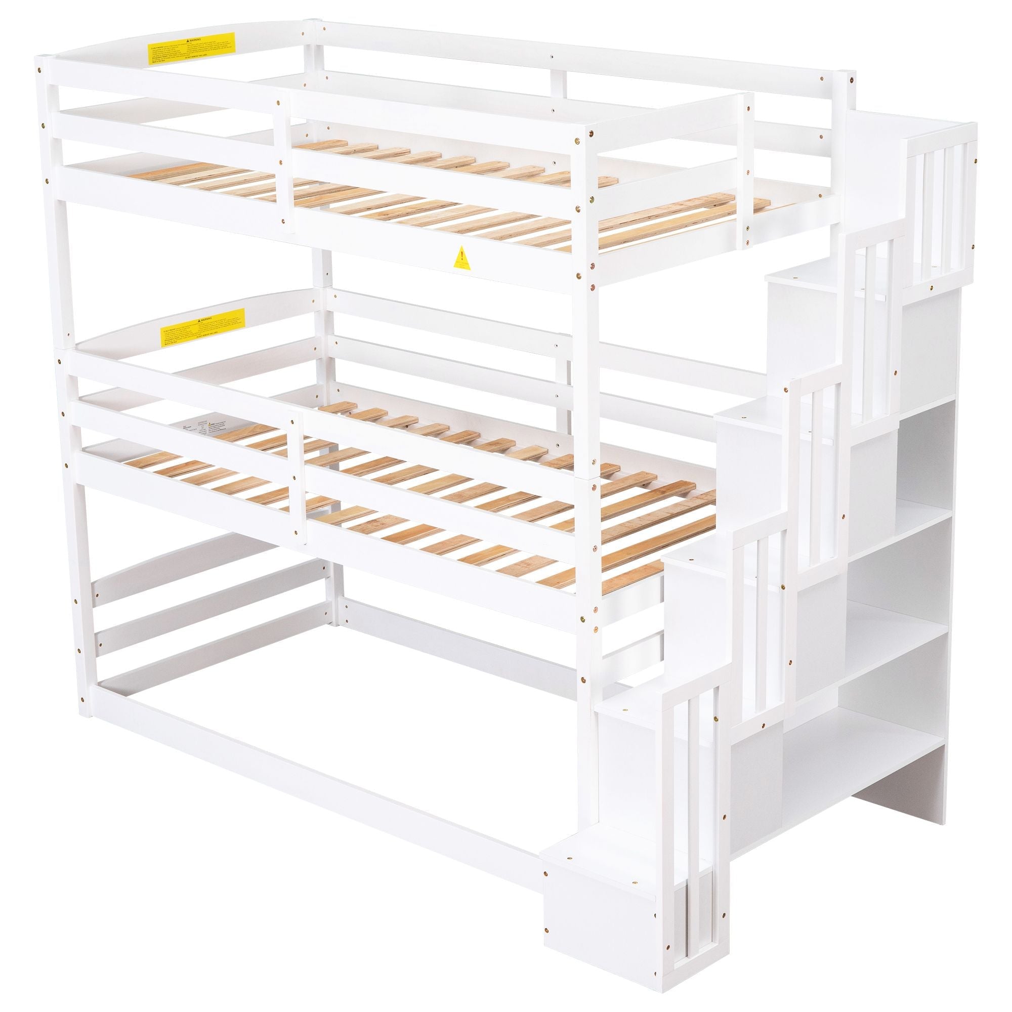 Space-Saving Twin Triple Wood Bunk Bed with Storage Staircase, White | Just Better Bunk Beds