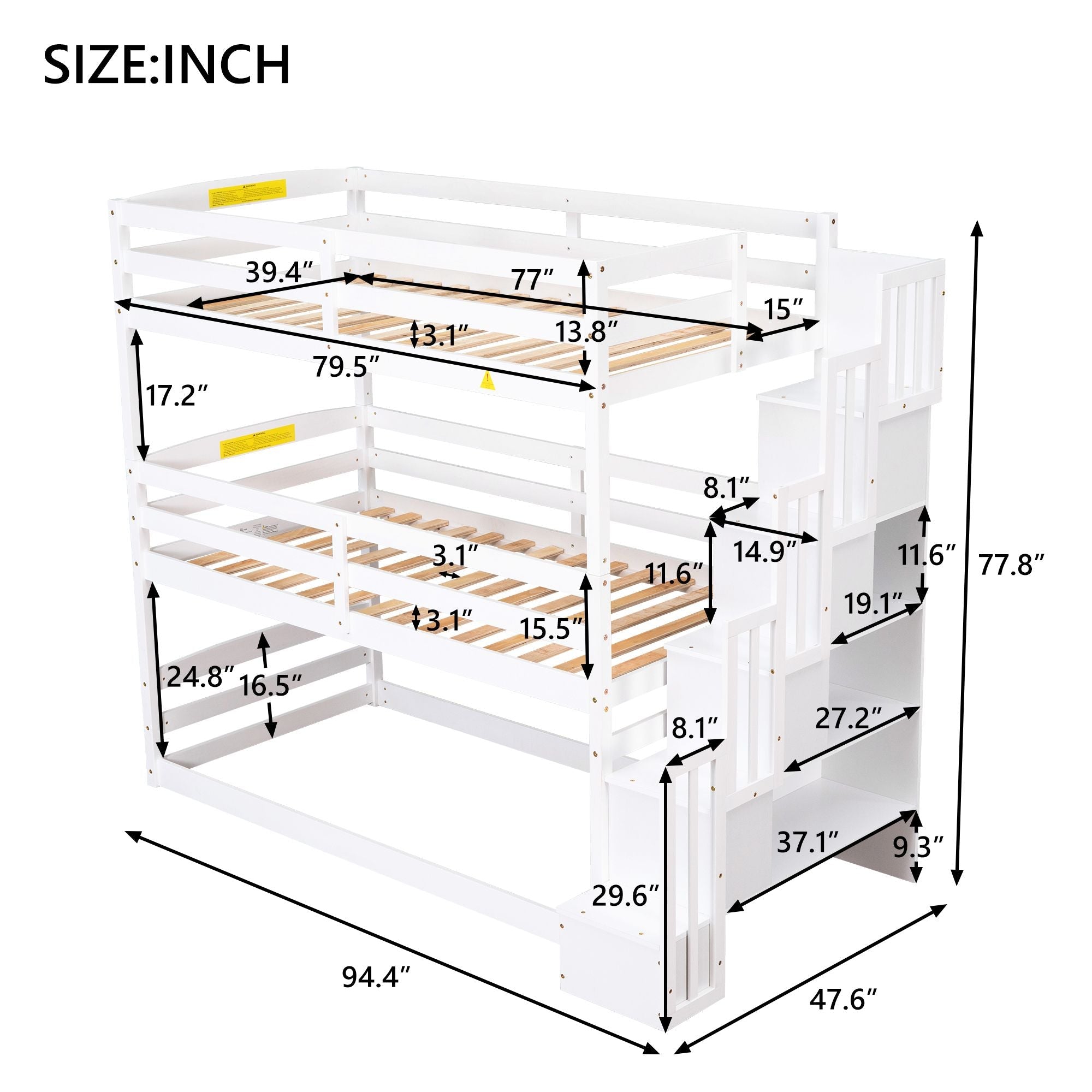 Space-Saving Twin Triple Wood Bunk Bed with Storage Staircase, White | Just Better Bunk Beds