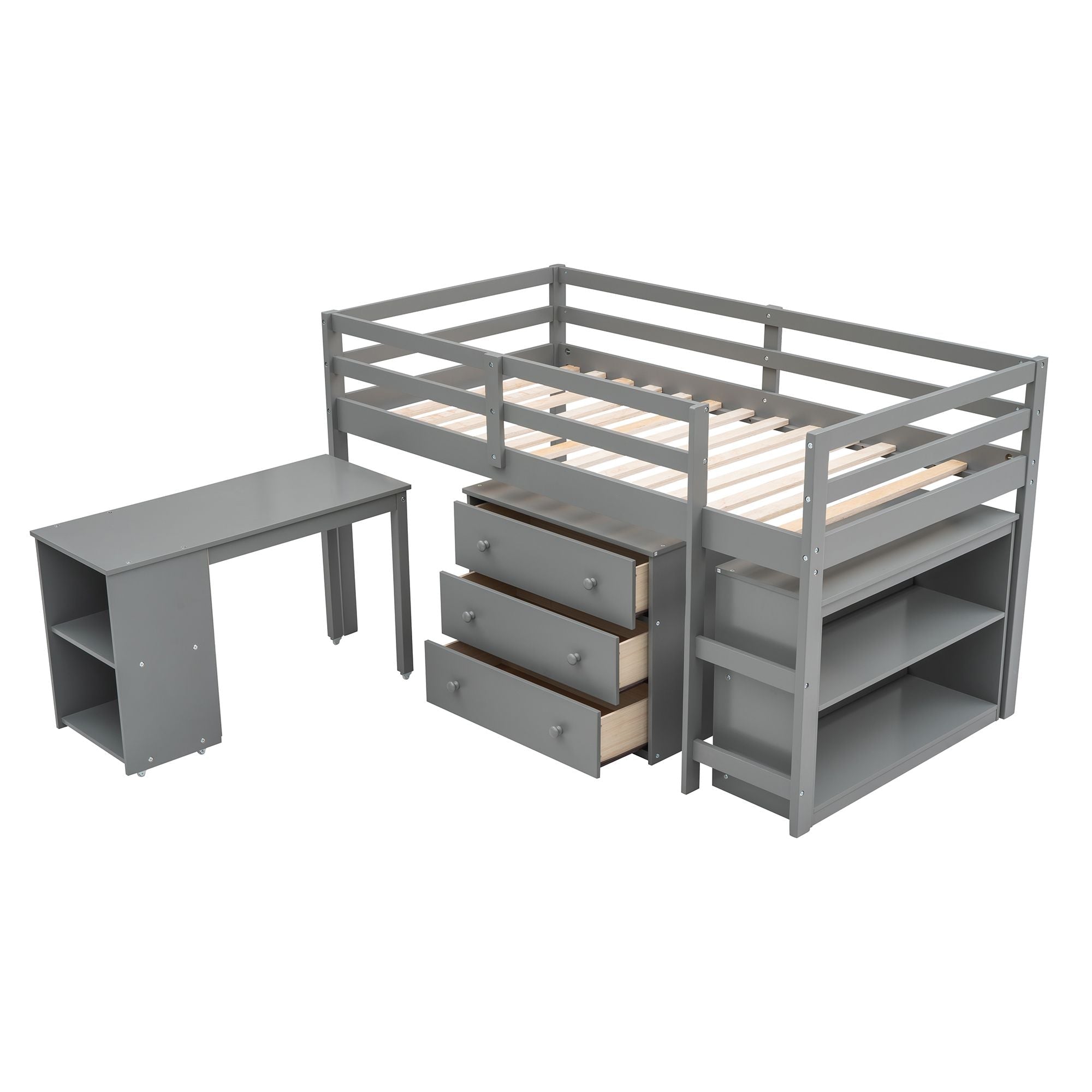 Space-Saving Twin Wood Loft Bed with Cabinet and Rolling Desk in White, Gray, Espresso | Just Better Bunk Beds