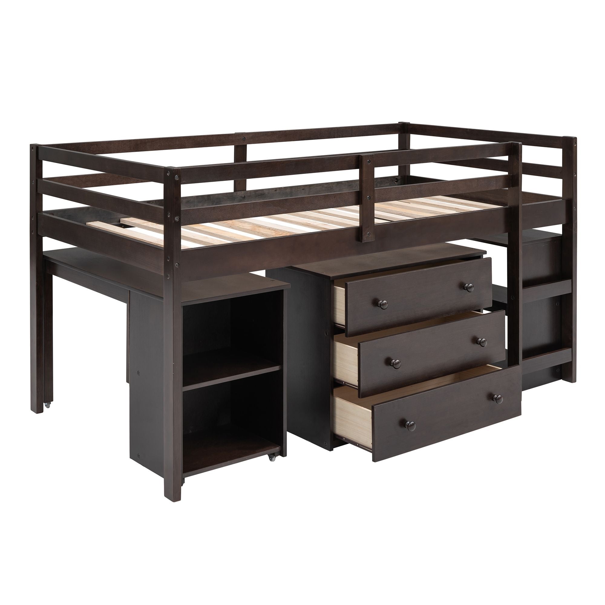 Space-Saving Twin Wood Loft Bed with Cabinet and Rolling Desk in White, Gray, Espresso | Just Better Bunk Beds