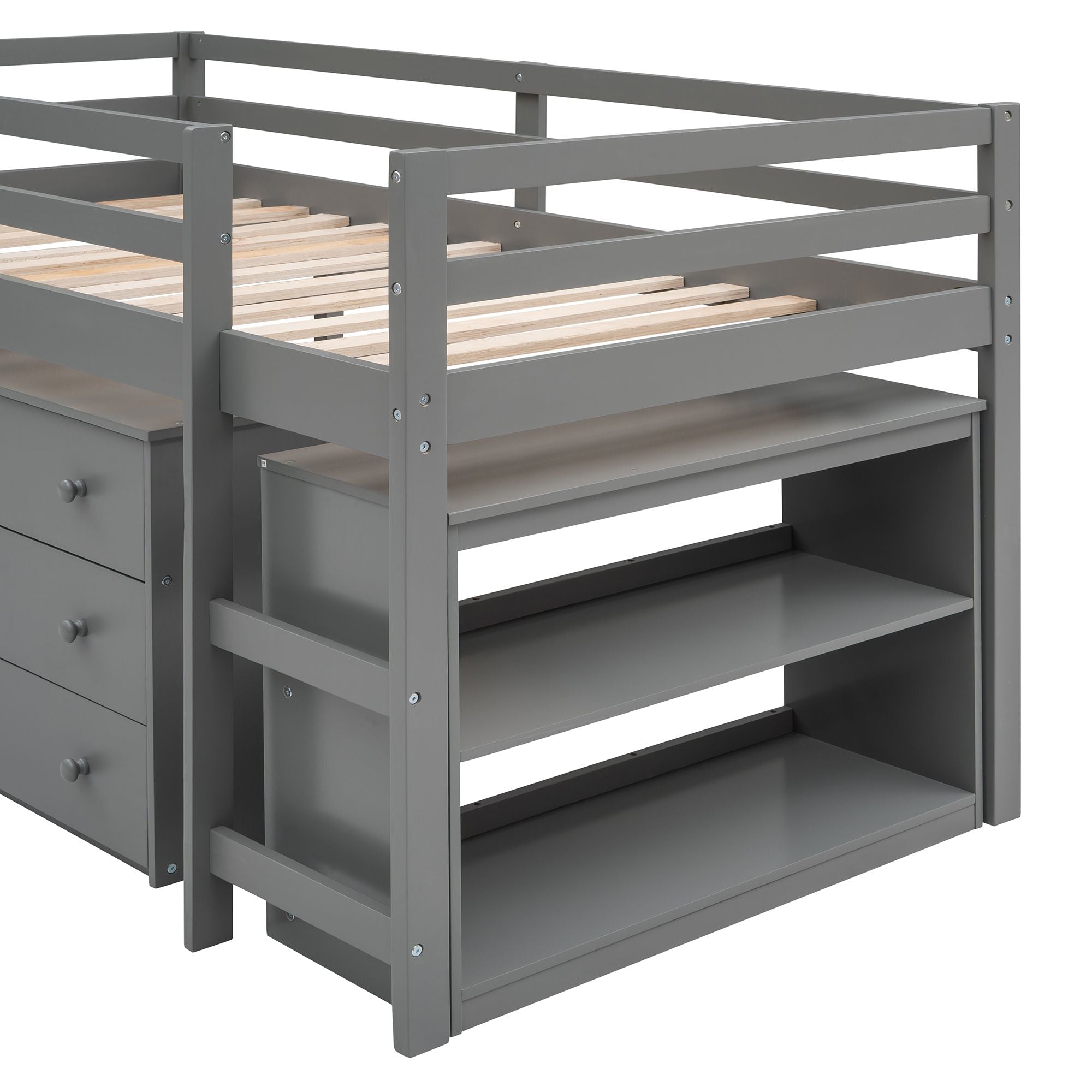 Space-Saving Twin Wood Loft Bed with Cabinet and Rolling Desk in White, Gray, Espresso | Just Better Bunk Beds