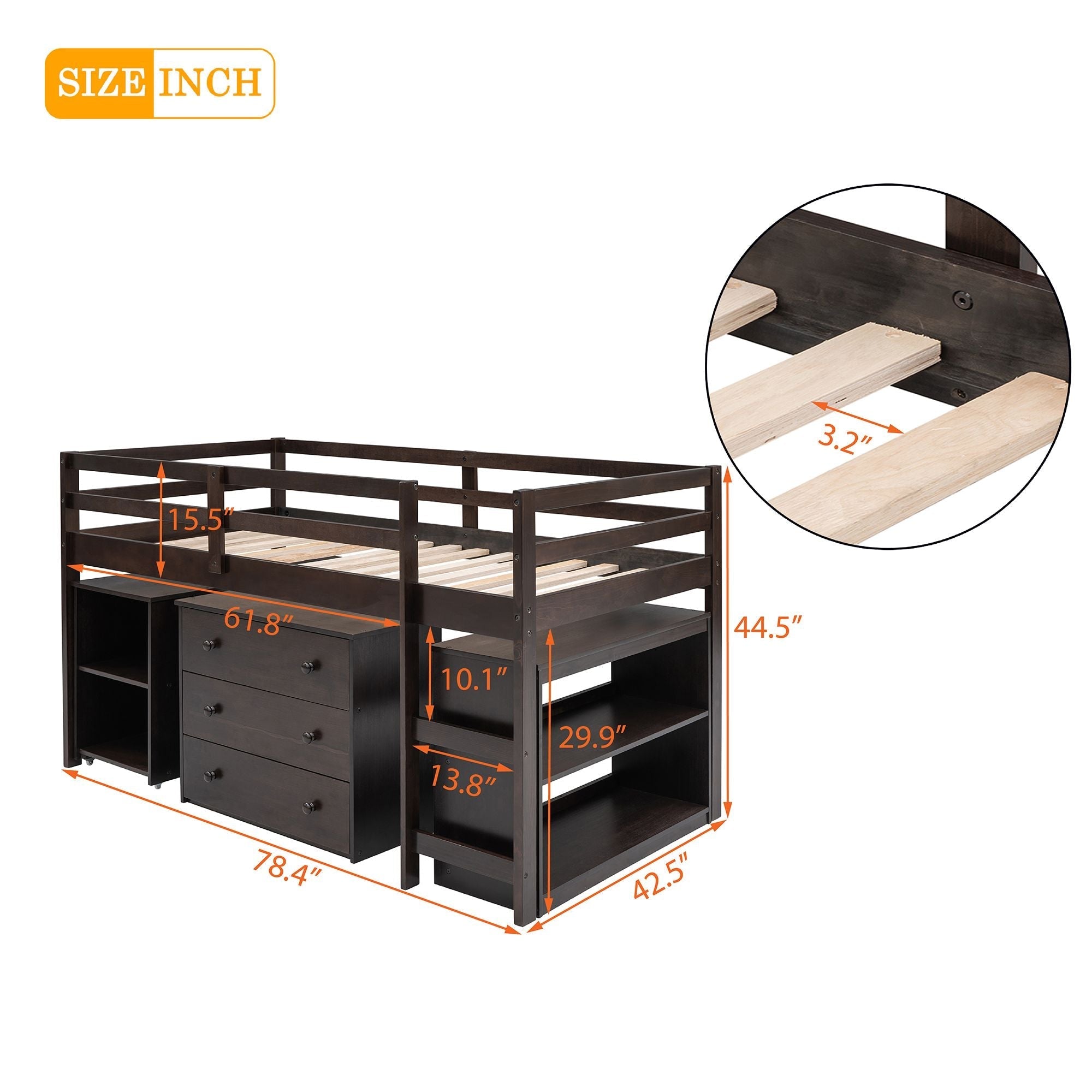 Space-Saving Twin Wood Loft Bed with Cabinet and Rolling Desk in White, Gray, Espresso | Just Better Bunk Beds