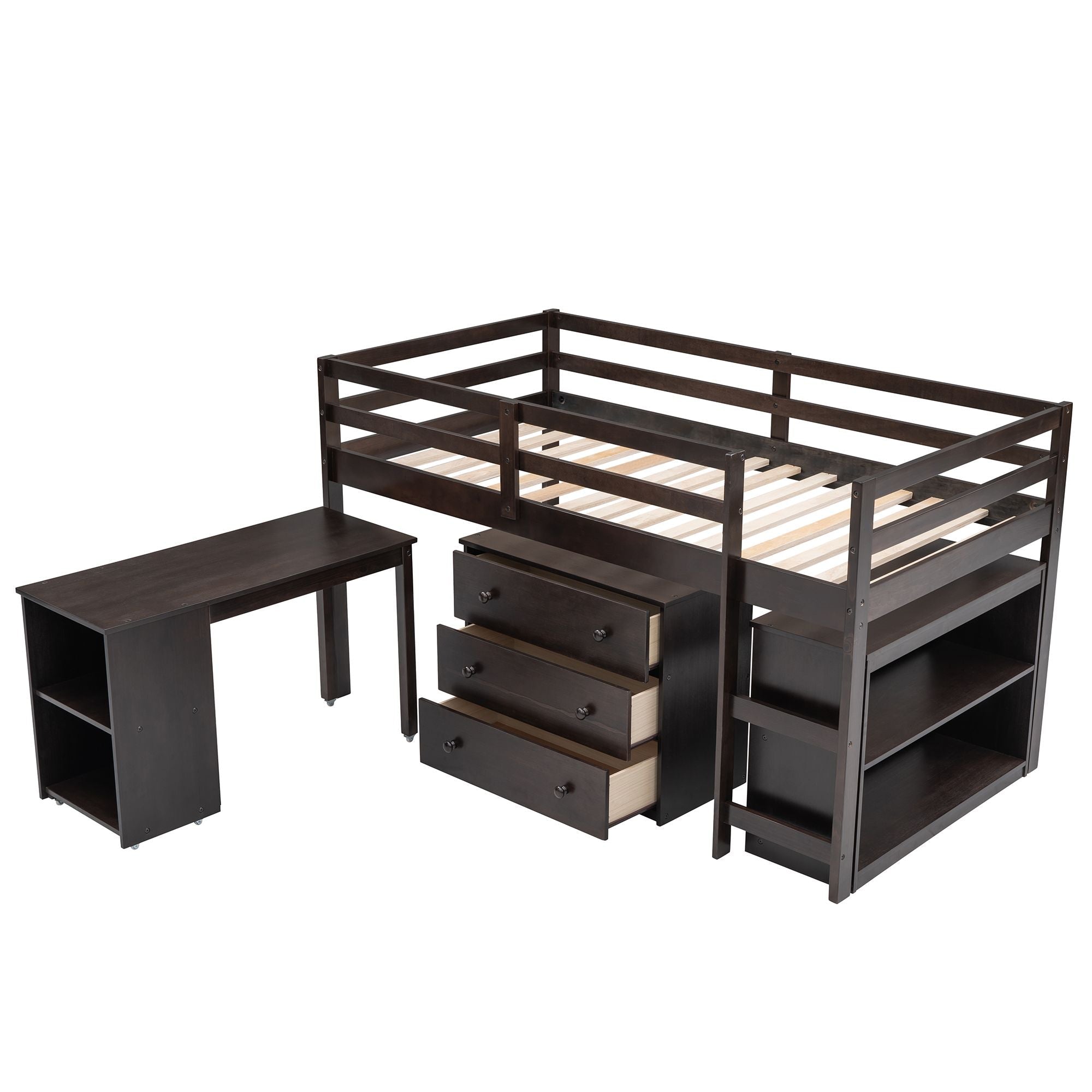 Space-Saving Twin Wood Loft Bed with Cabinet and Rolling Desk in White, Gray, Espresso | Just Better Bunk Beds