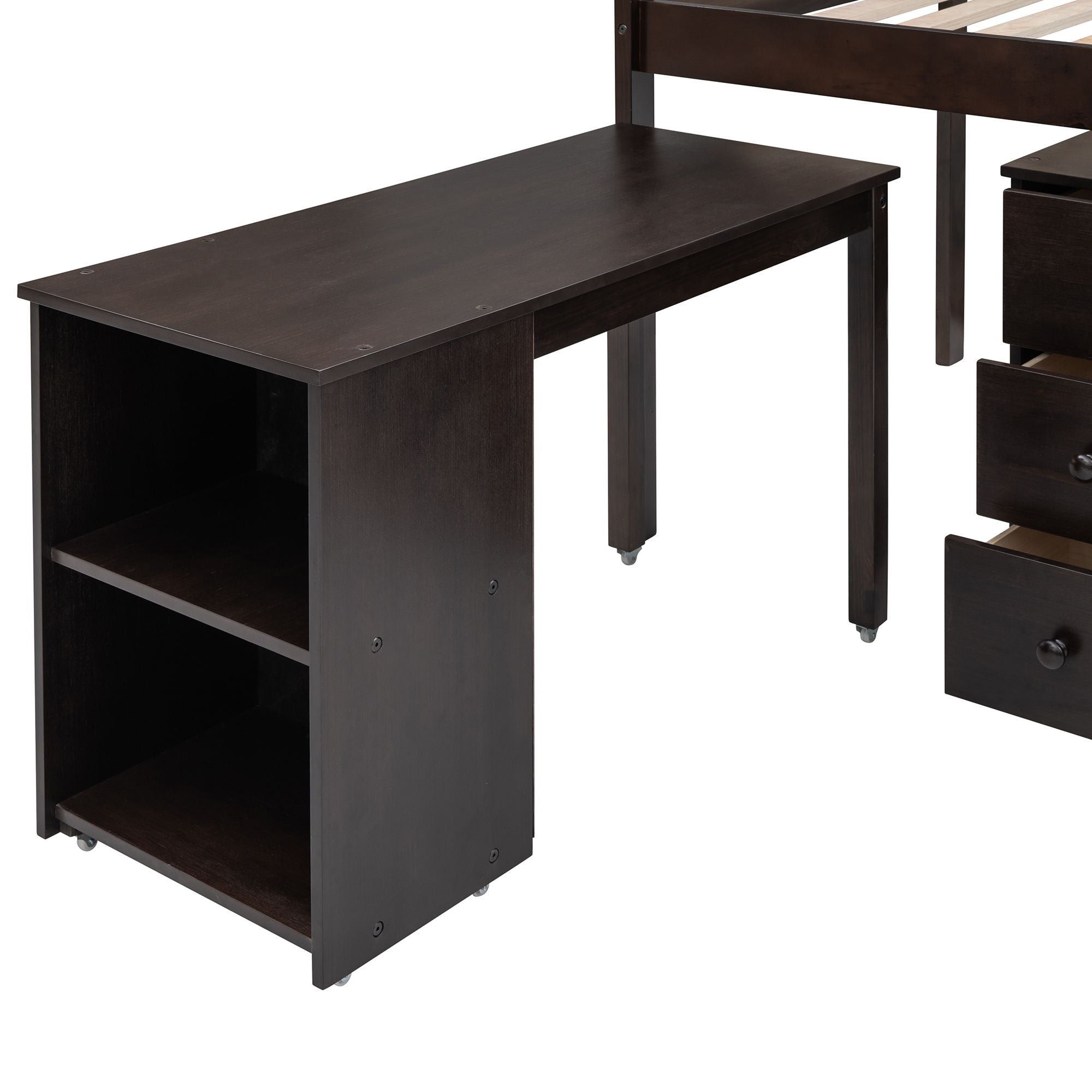 Space-Saving Twin Wood Loft Bed with Cabinet and Rolling Desk in White, Gray, Espresso | Just Better Bunk Beds