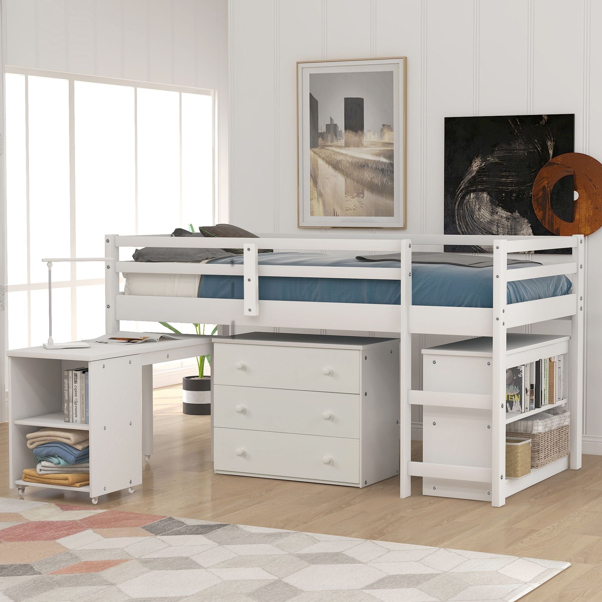Space-Saving Twin Wood Loft Bed with Cabinet and Rolling Desk in White, Gray, Espresso | Just Better Bunk Beds