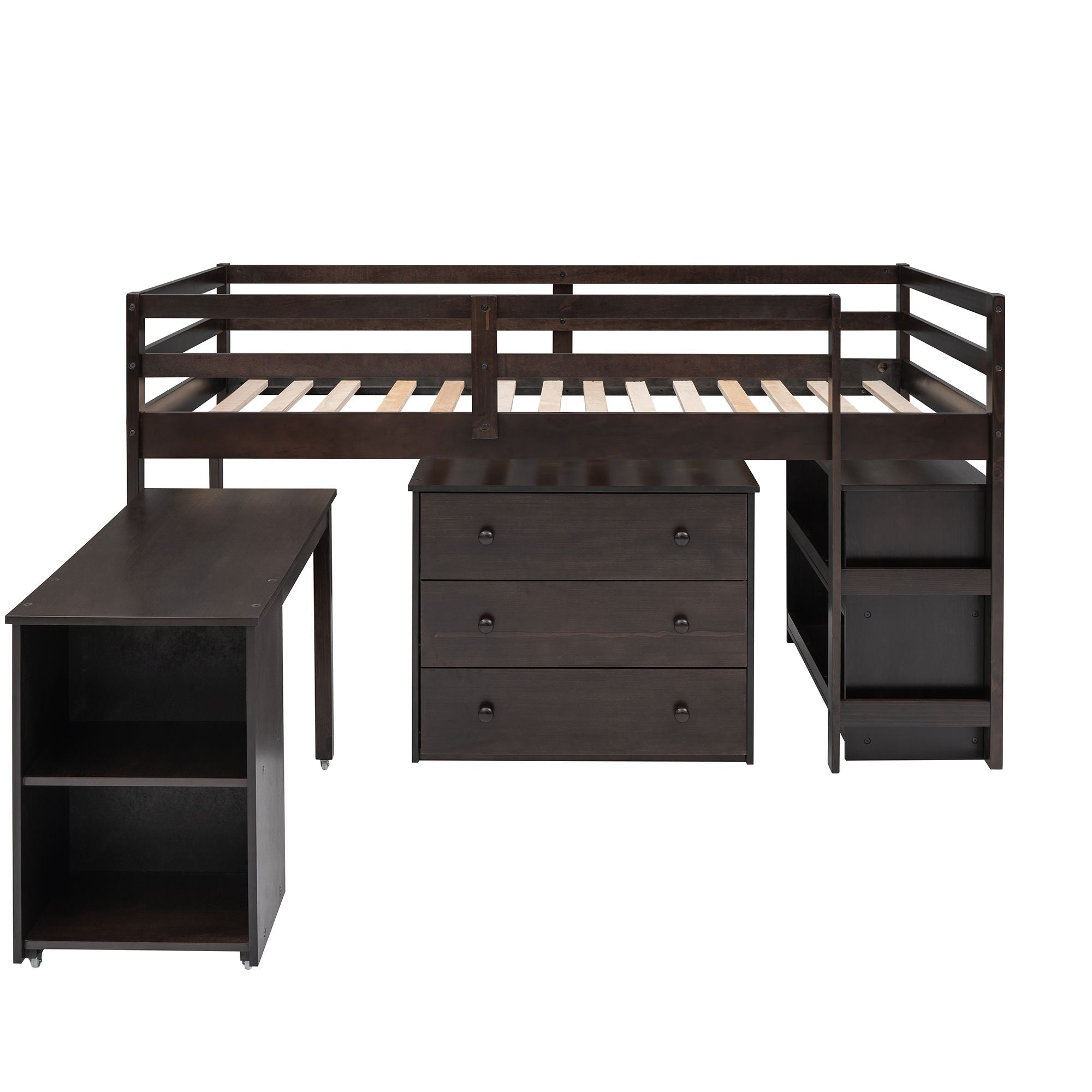 Space-Saving Twin Wood Loft Bed with Cabinet and Rolling Desk in White, Gray, Espresso | Just Better Bunk Beds