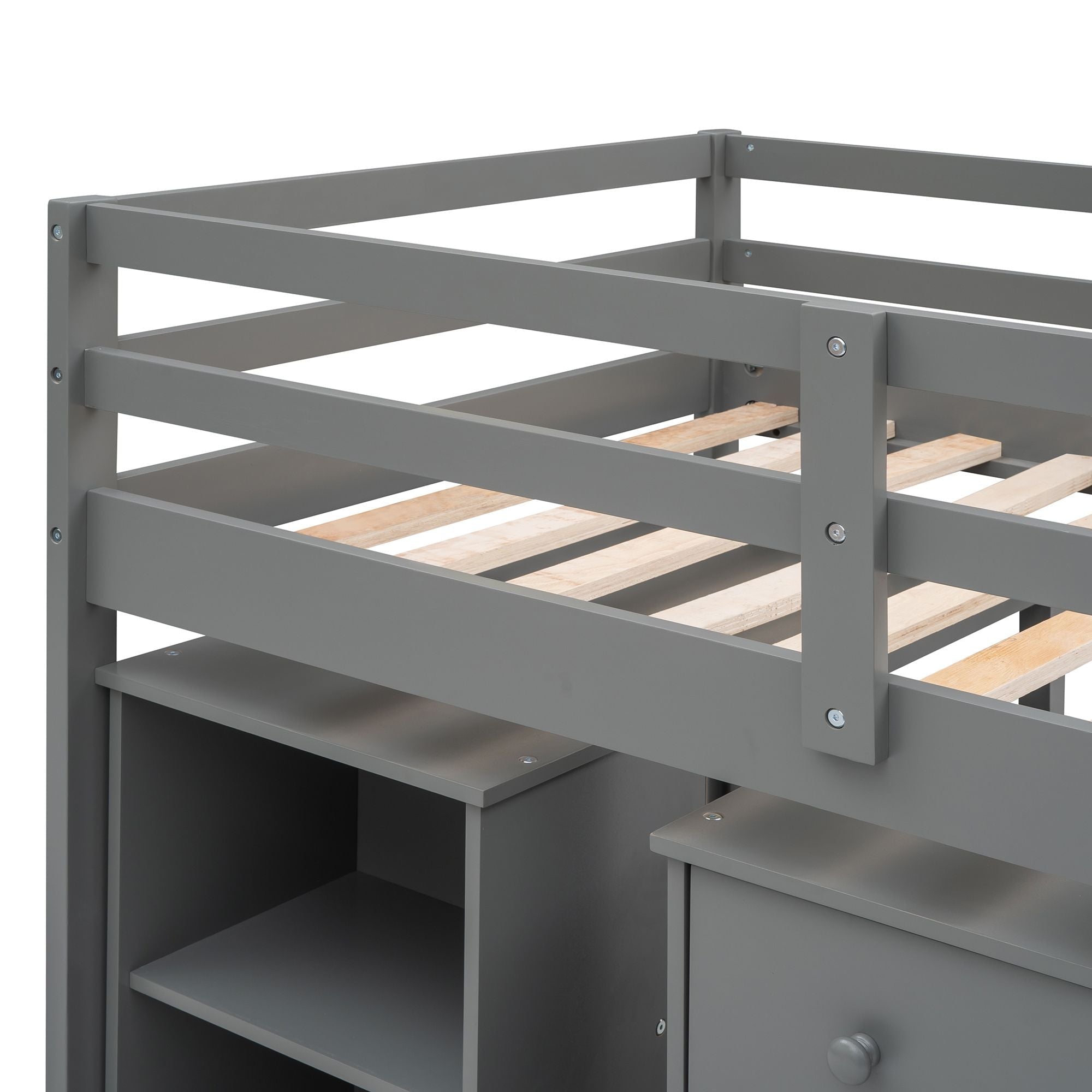 Space-Saving Twin Wood Loft Bed with Cabinet and Rolling Desk in White, Gray, Espresso | Just Better Bunk Beds