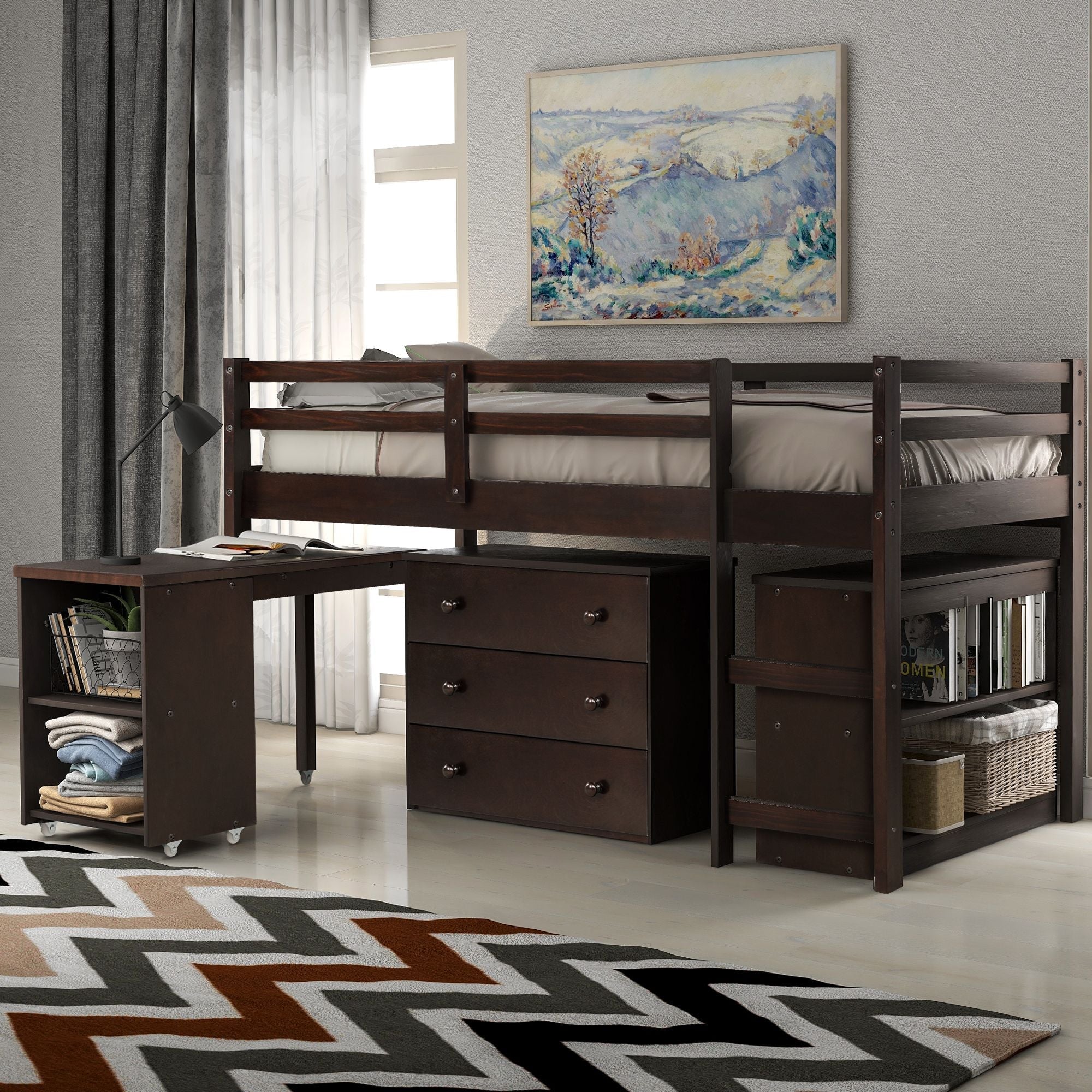 Space-Saving Twin Wood Loft Bed with Cabinet and Rolling Desk in White, Gray, Espresso | Just Better Bunk Beds