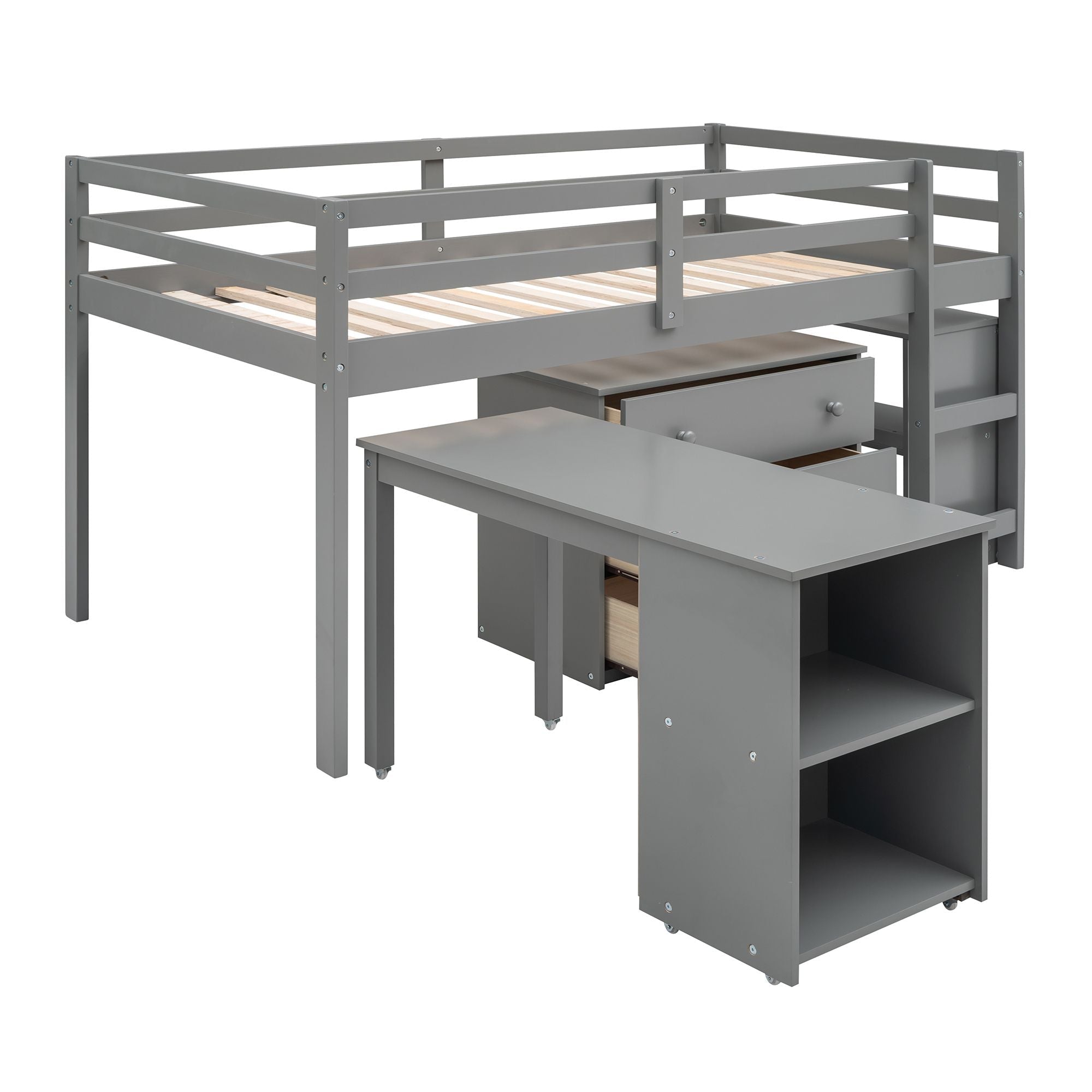 Space-Saving Twin Wood Loft Bed with Cabinet and Rolling Desk in White, Gray, Espresso | Just Better Bunk Beds