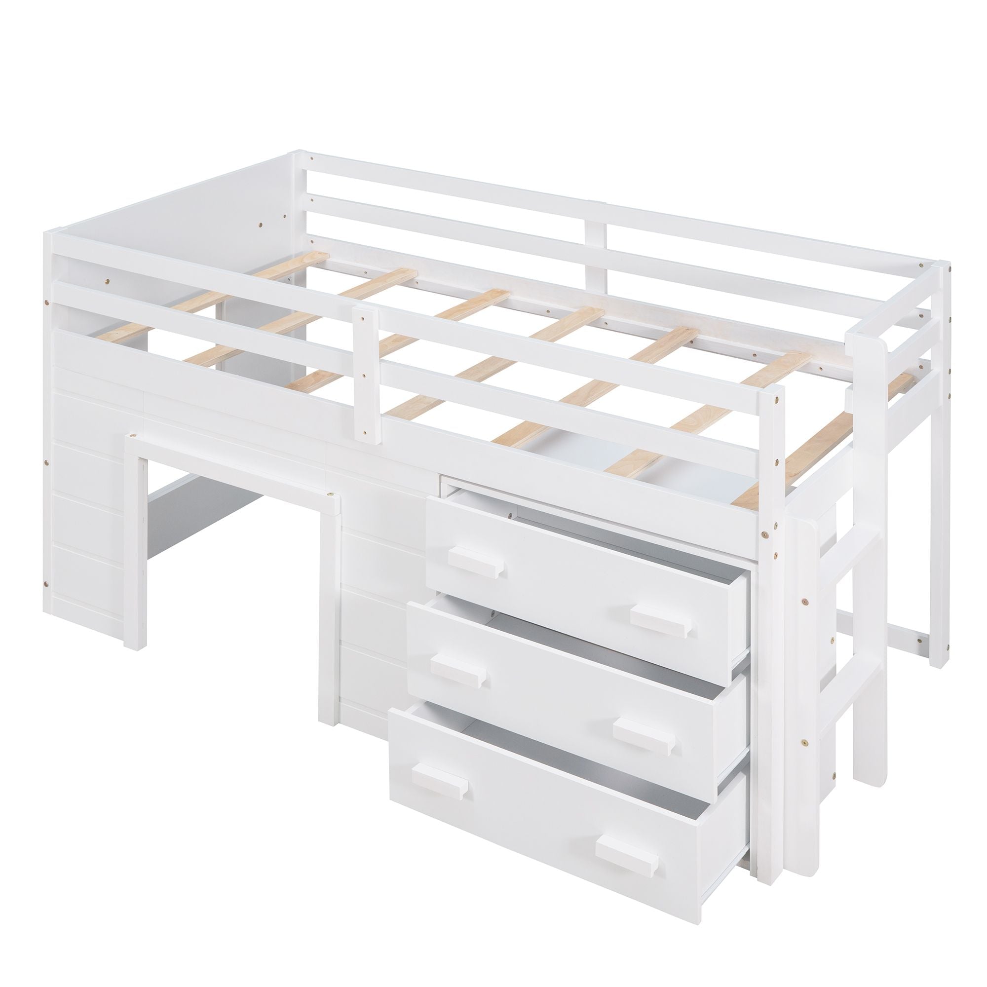 Space-Saving Twin Wood Loft Bed with Cabinet and Shelf, White Gray Espresso | Just Better Bunk Beds