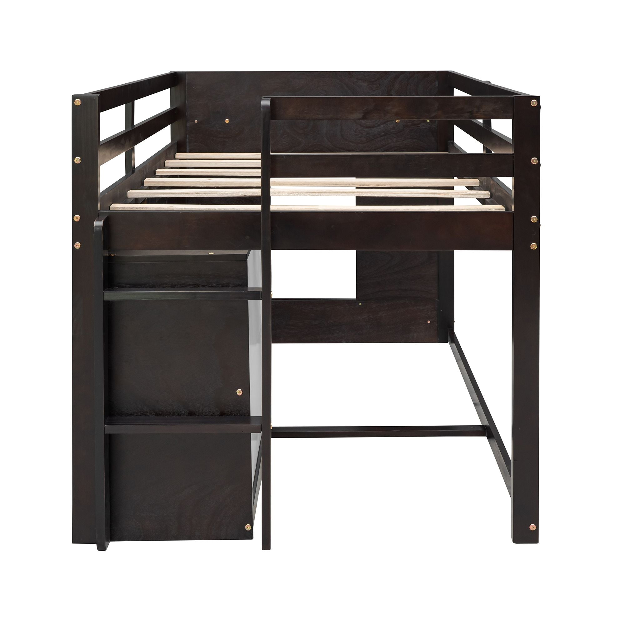Space-Saving Twin Wood Loft Bed with Cabinet and Shelf, White Gray Espresso | Just Better Bunk Beds