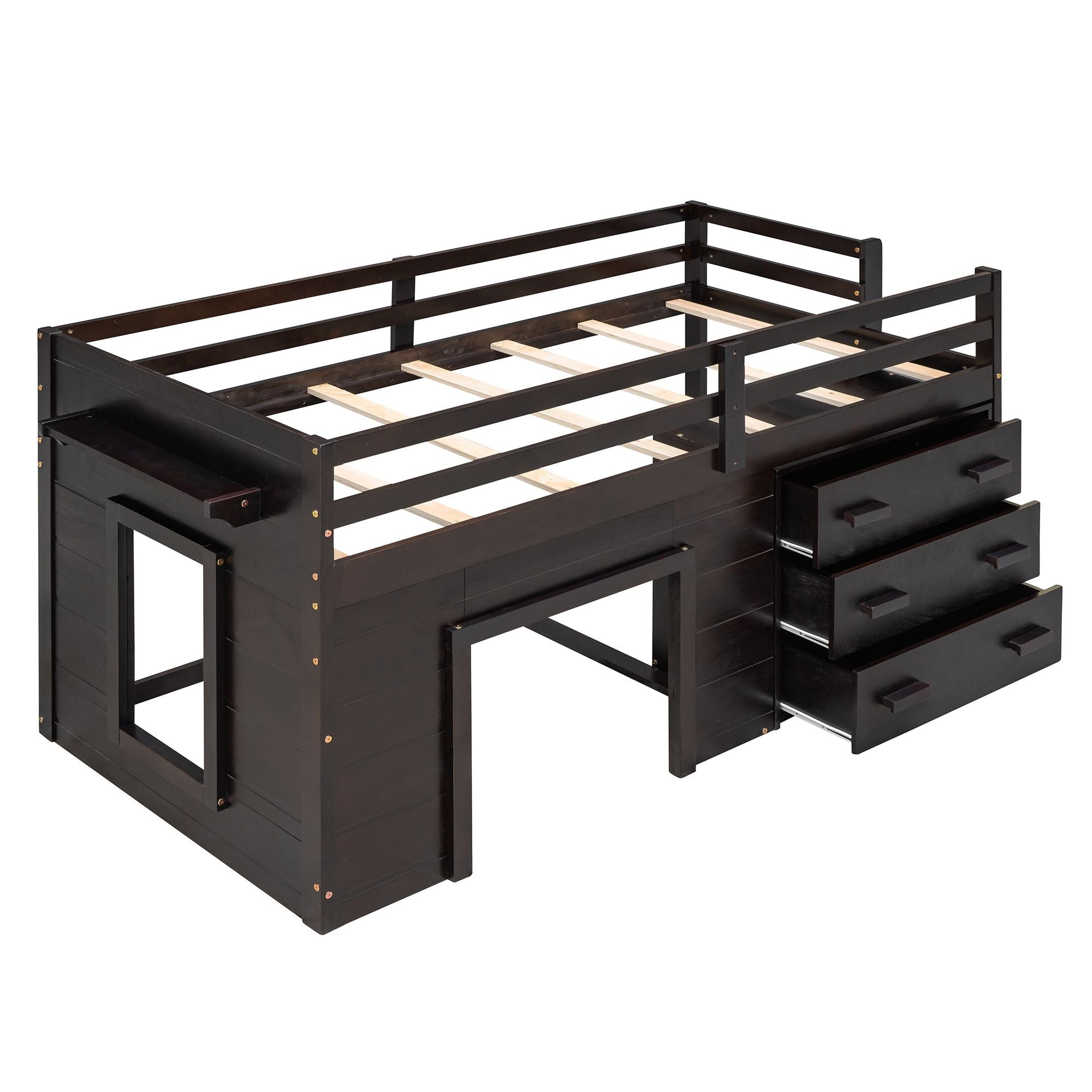 Space-Saving Twin Wood Loft Bed with Cabinet and Shelf, White Gray Espresso | Just Better Bunk Beds