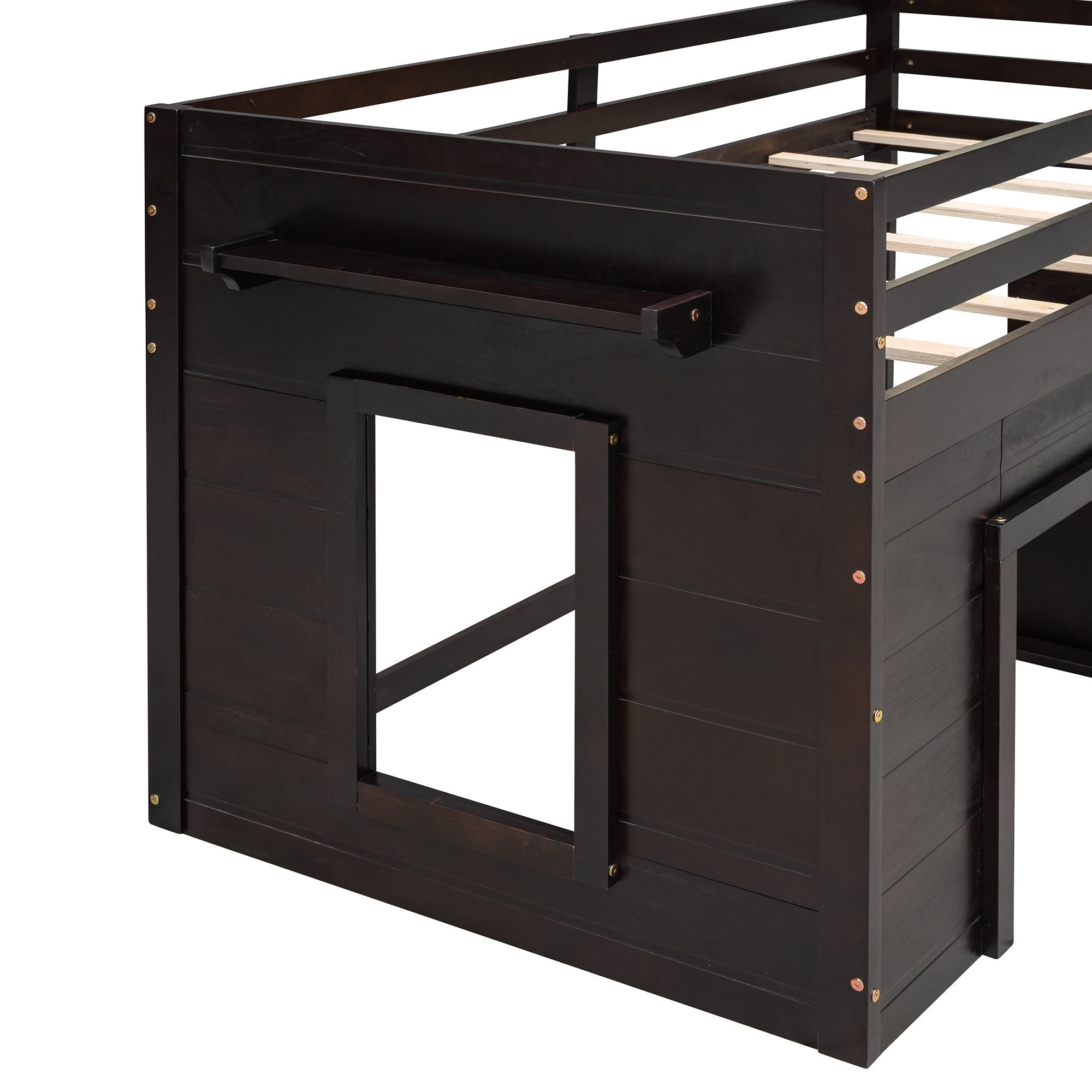 Space-Saving Twin Wood Loft Bed with Cabinet and Shelf, White Gray Espresso | Just Better Bunk Beds
