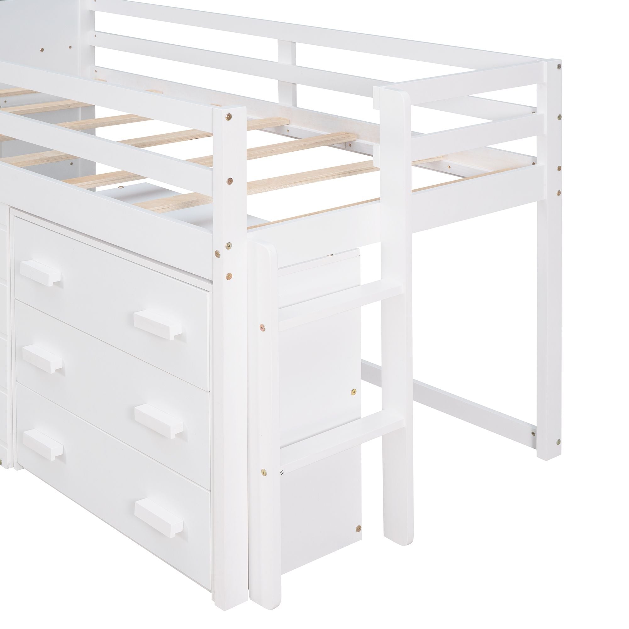 Space-Saving Twin Wood Loft Bed with Cabinet and Shelf, White Gray Espresso | Just Better Bunk Beds