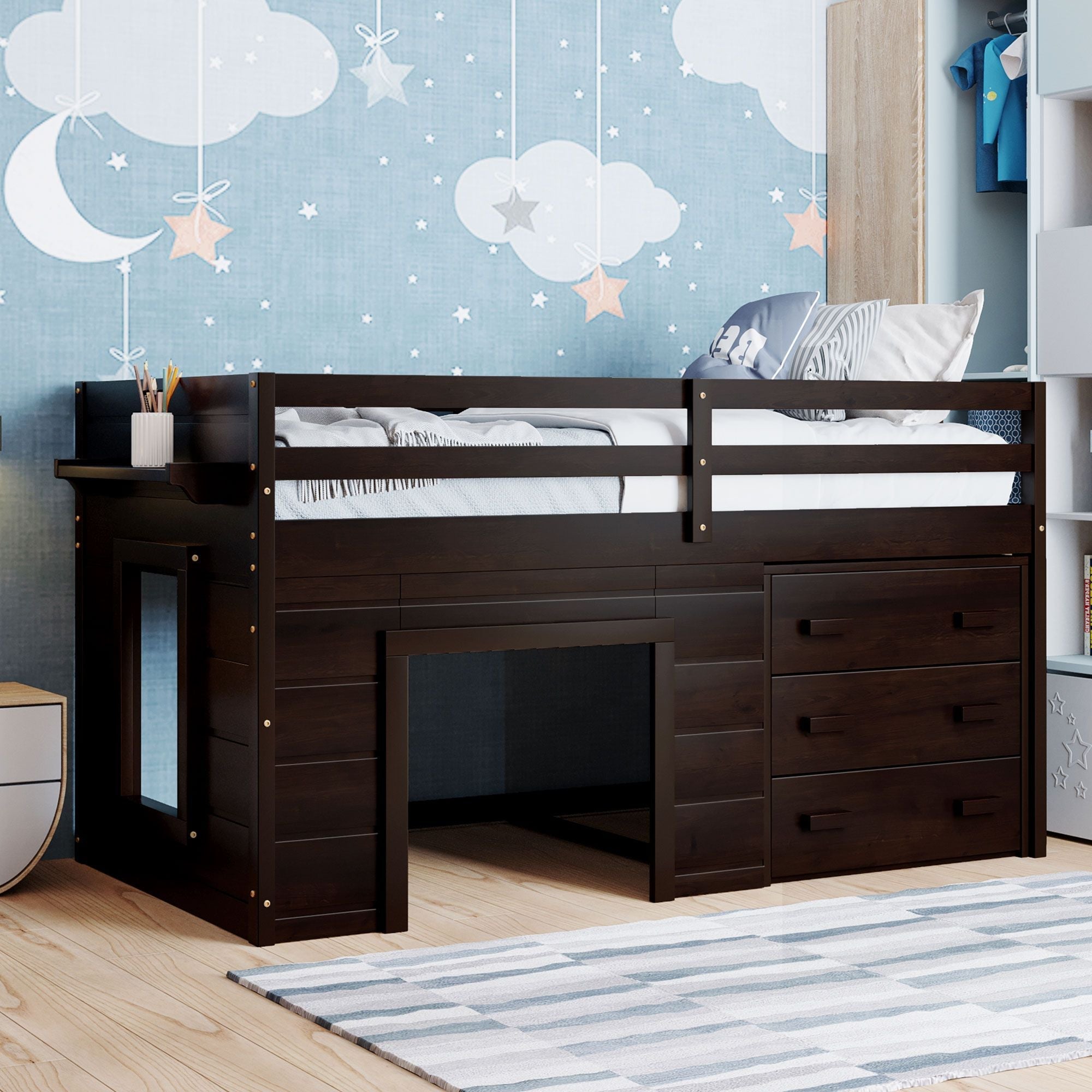 Space-Saving Twin Wood Loft Bed with Cabinet and Shelf, White Gray Espresso | Just Better Bunk Beds
