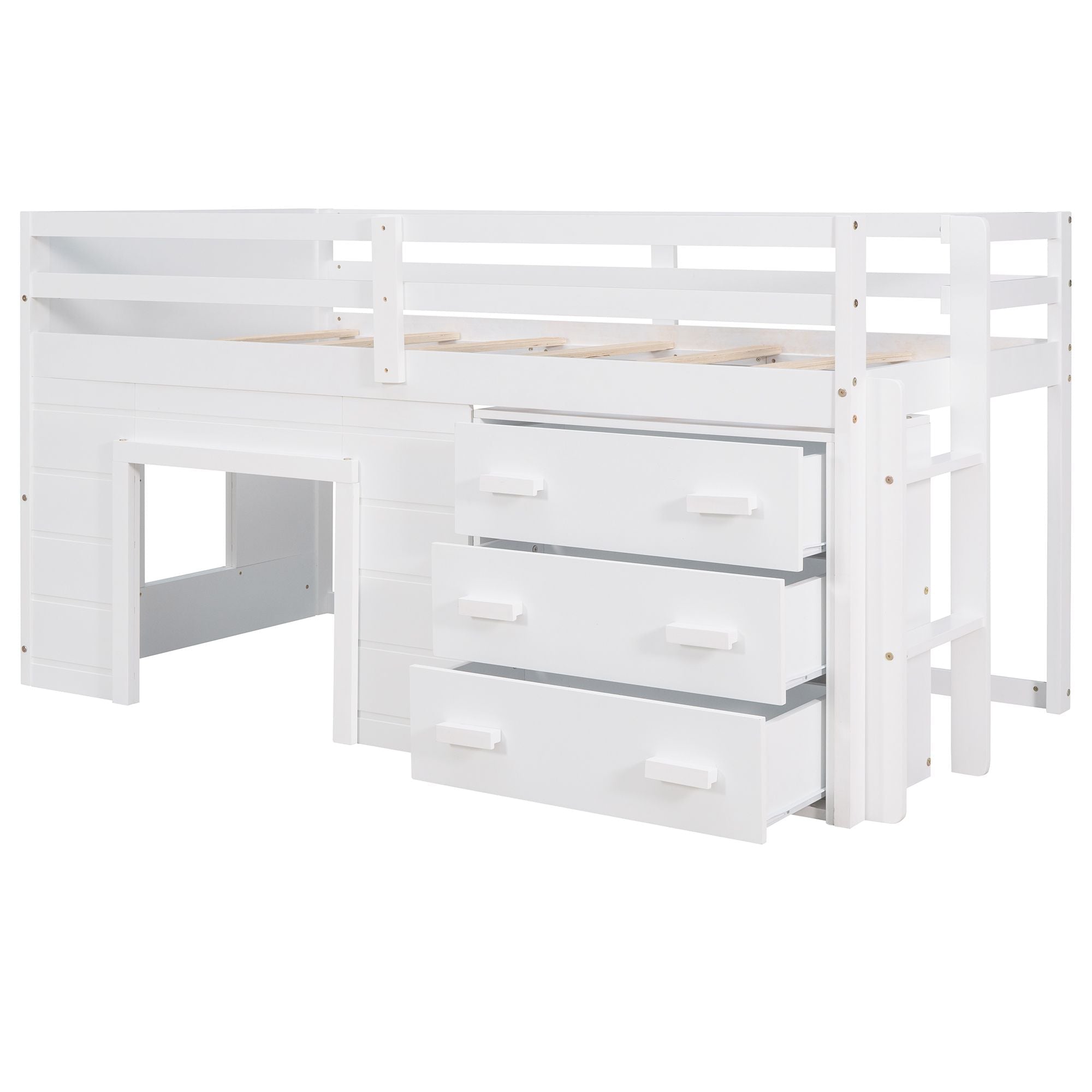 Space-Saving Twin Wood Loft Bed with Cabinet and Shelf, White Gray Espresso | Just Better Bunk Beds