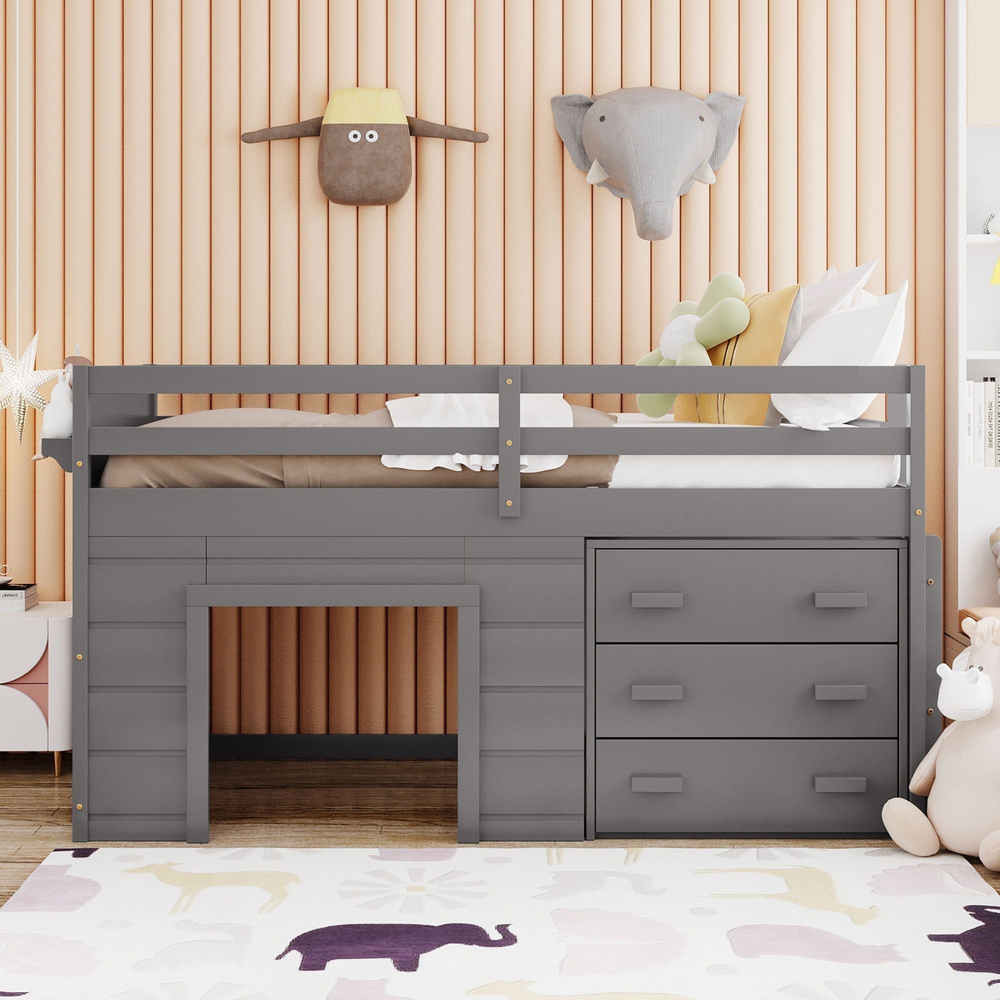 Space-Saving Twin Wood Loft Bed with Cabinet and Shelf, White Gray Espresso | Just Better Bunk Beds