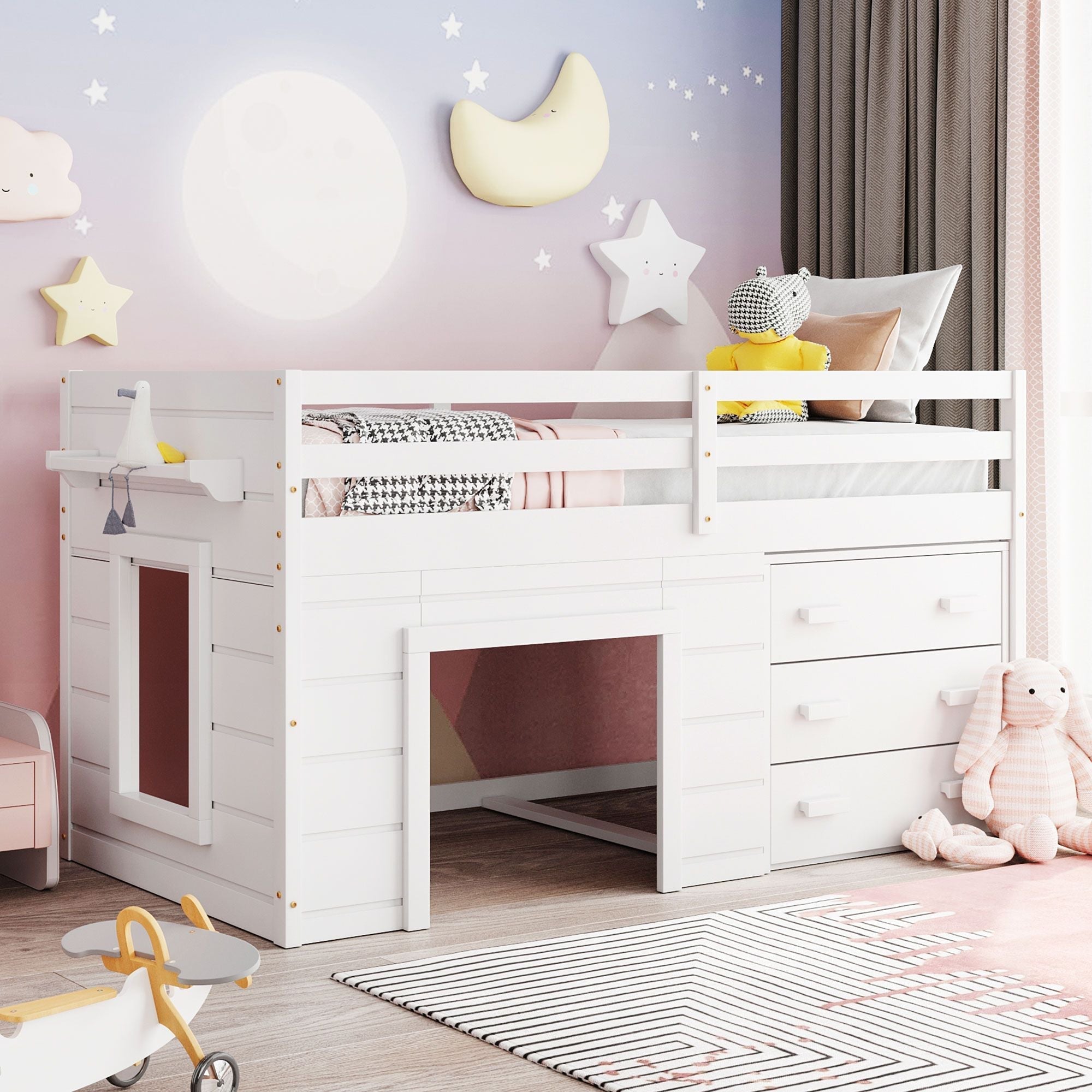 Space-Saving Twin Wood Loft Bed with Cabinet and Shelf, White Gray Espresso | Just Better Bunk Beds