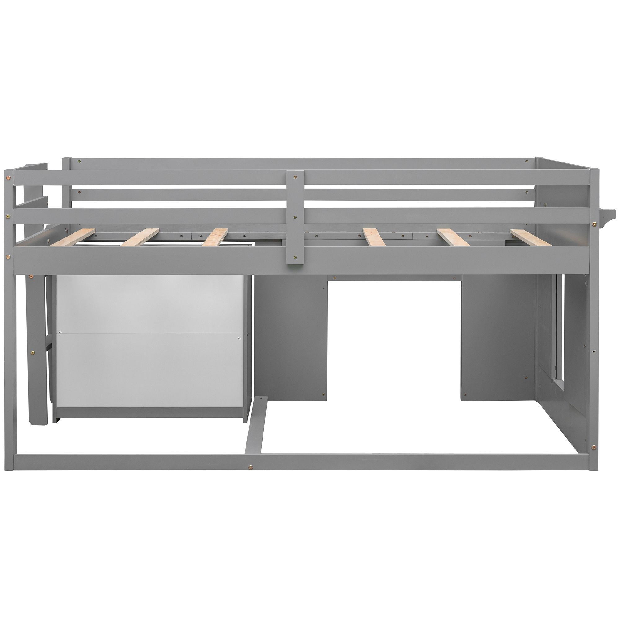 Space-Saving Twin Wood Loft Bed with Cabinet and Shelf, White Gray Espresso | Just Better Bunk Beds