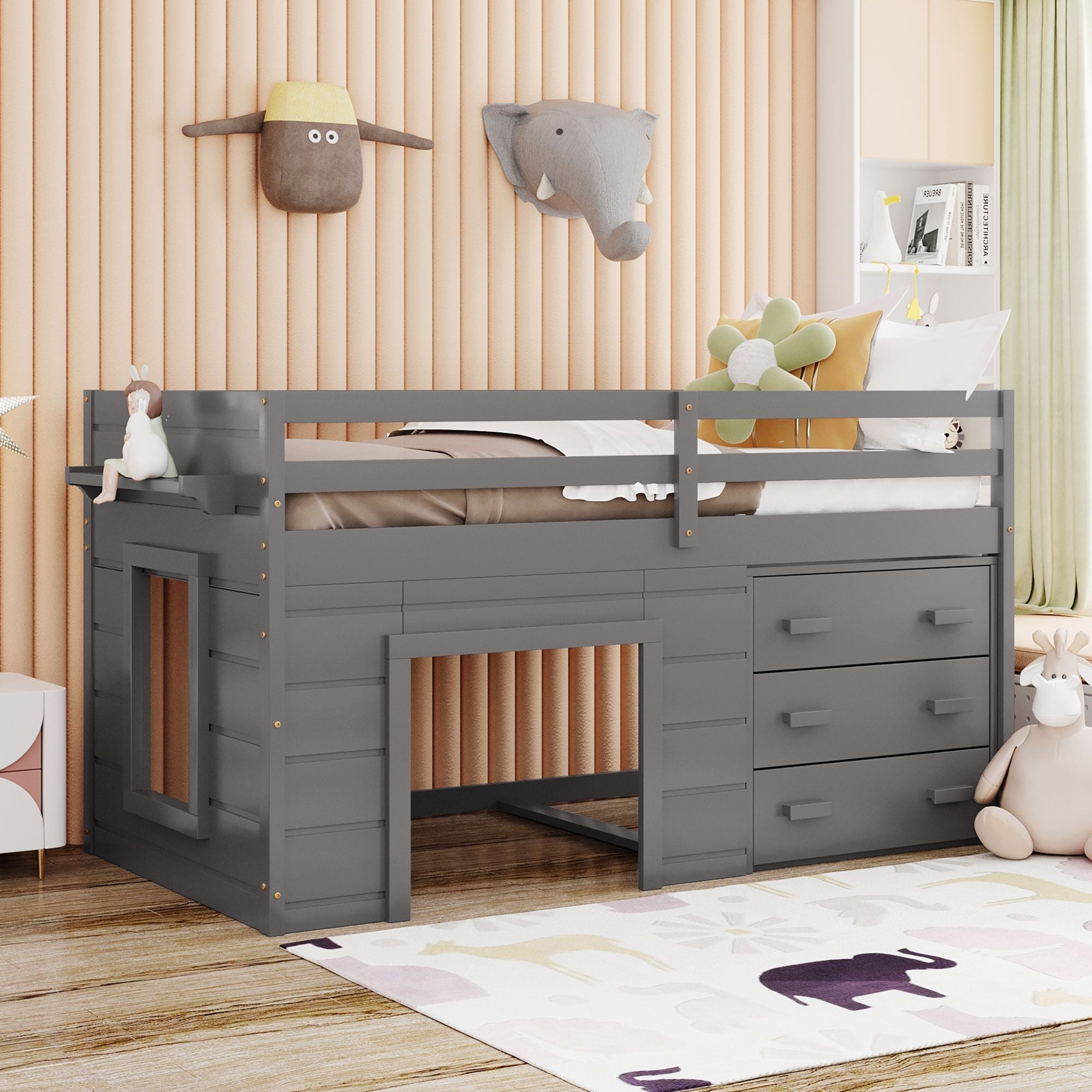 Space-Saving Twin Wood Loft Bed with Cabinet and Shelf, White Gray Espresso | Just Better Bunk Beds