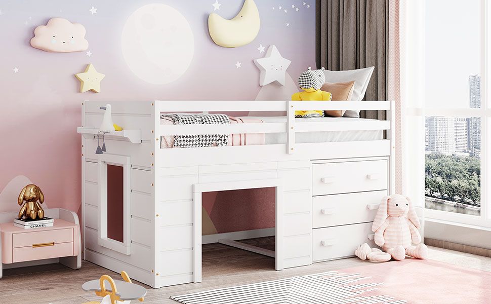 Space-Saving Twin Wood Loft Bed with Cabinet and Shelf, White Gray Espresso | Just Better Bunk Beds