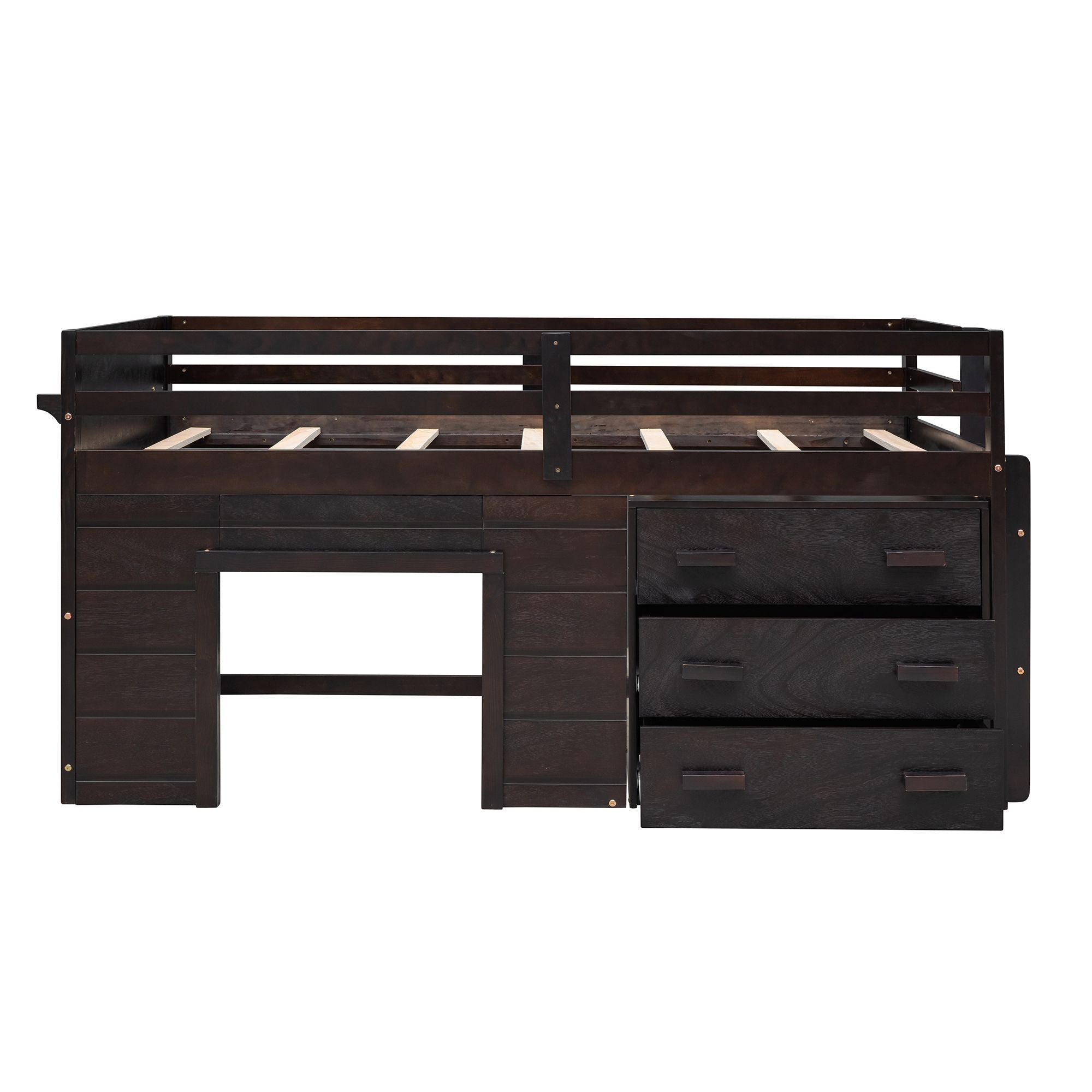 Space-Saving Twin Wood Loft Bed with Cabinet and Shelf, White Gray Espresso | Just Better Bunk Beds