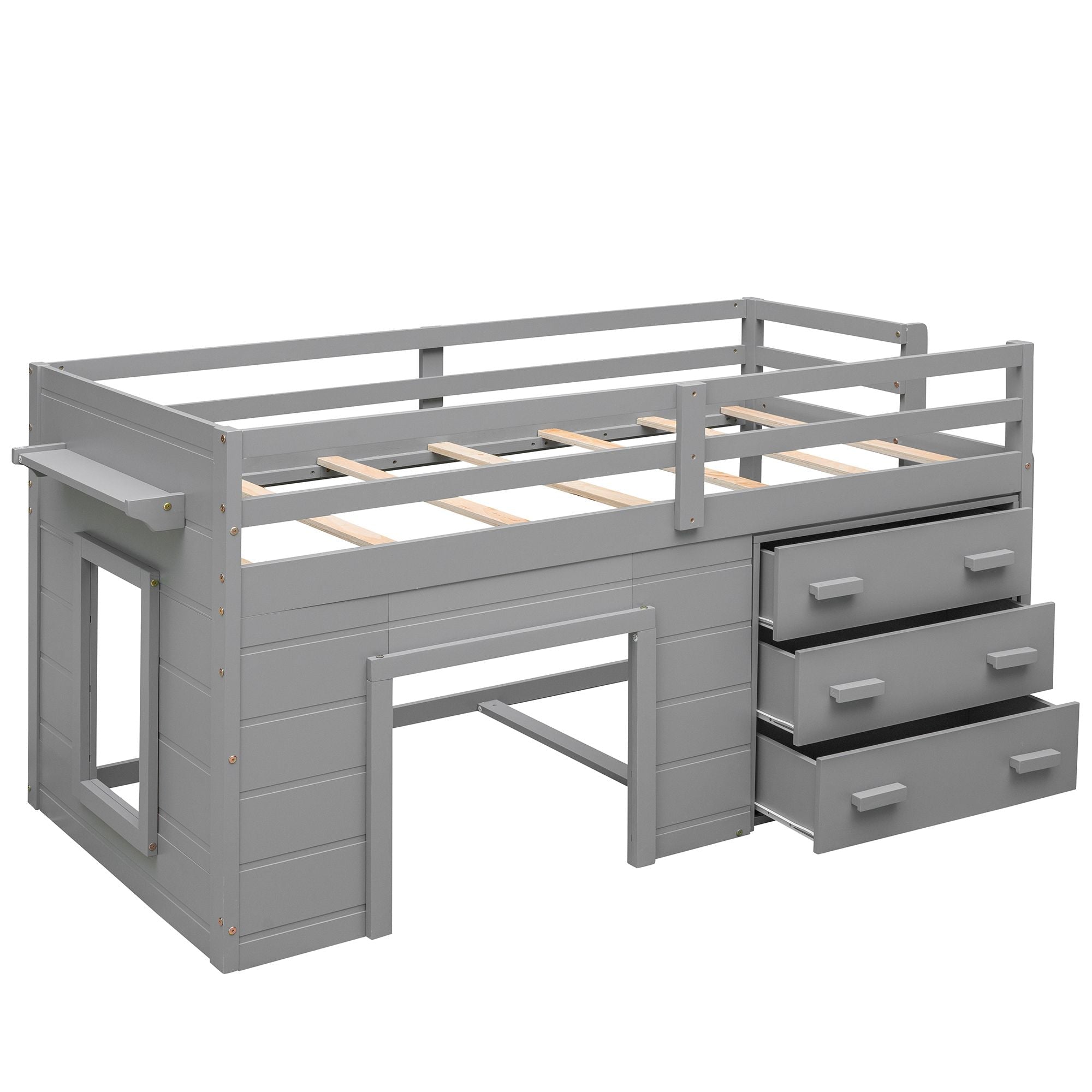 Space-Saving Twin Wood Loft Bed with Cabinet and Shelf, White Gray Espresso | Just Better Bunk Beds