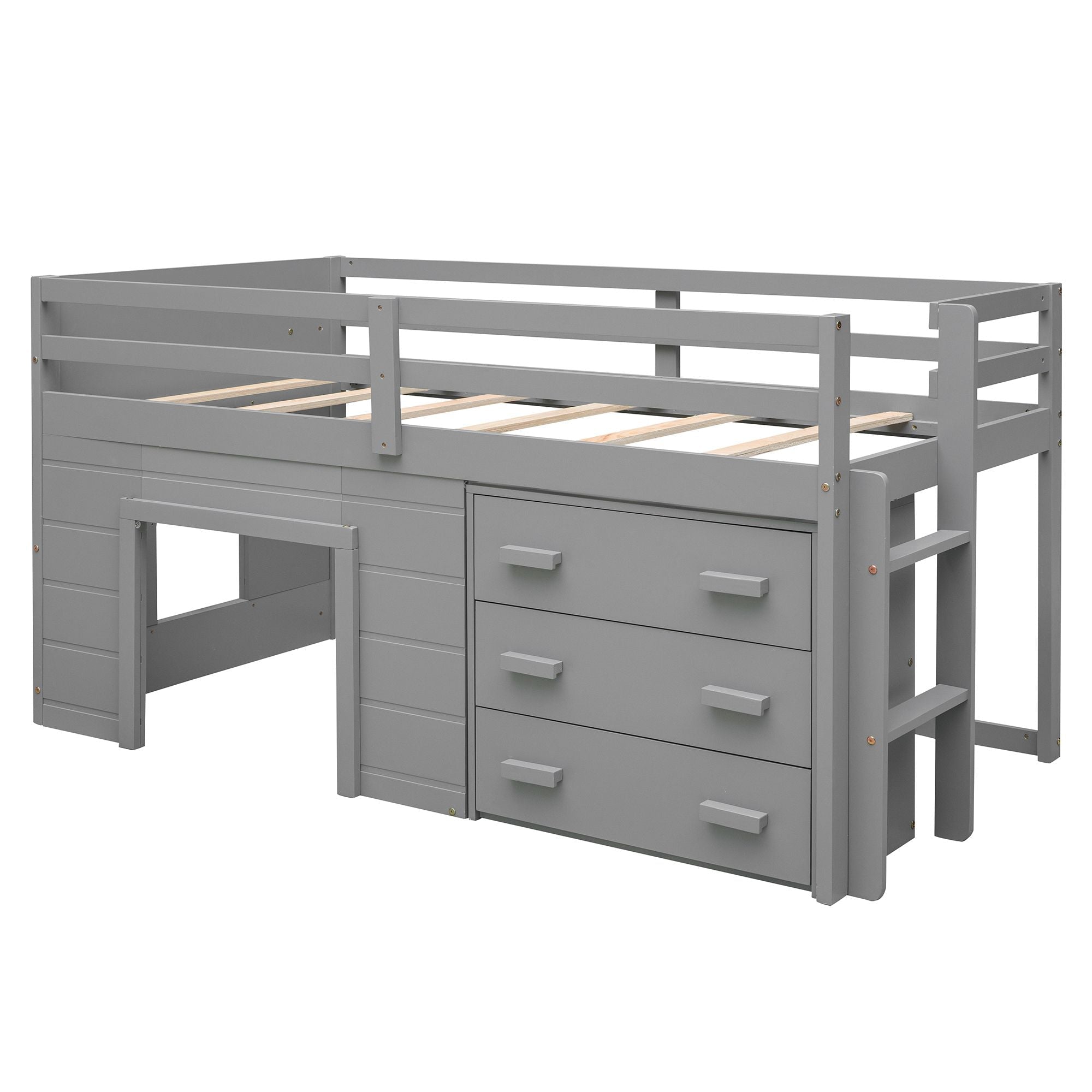 Space-Saving Twin Wood Loft Bed with Cabinet and Shelf, White Gray Espresso | Just Better Bunk Beds