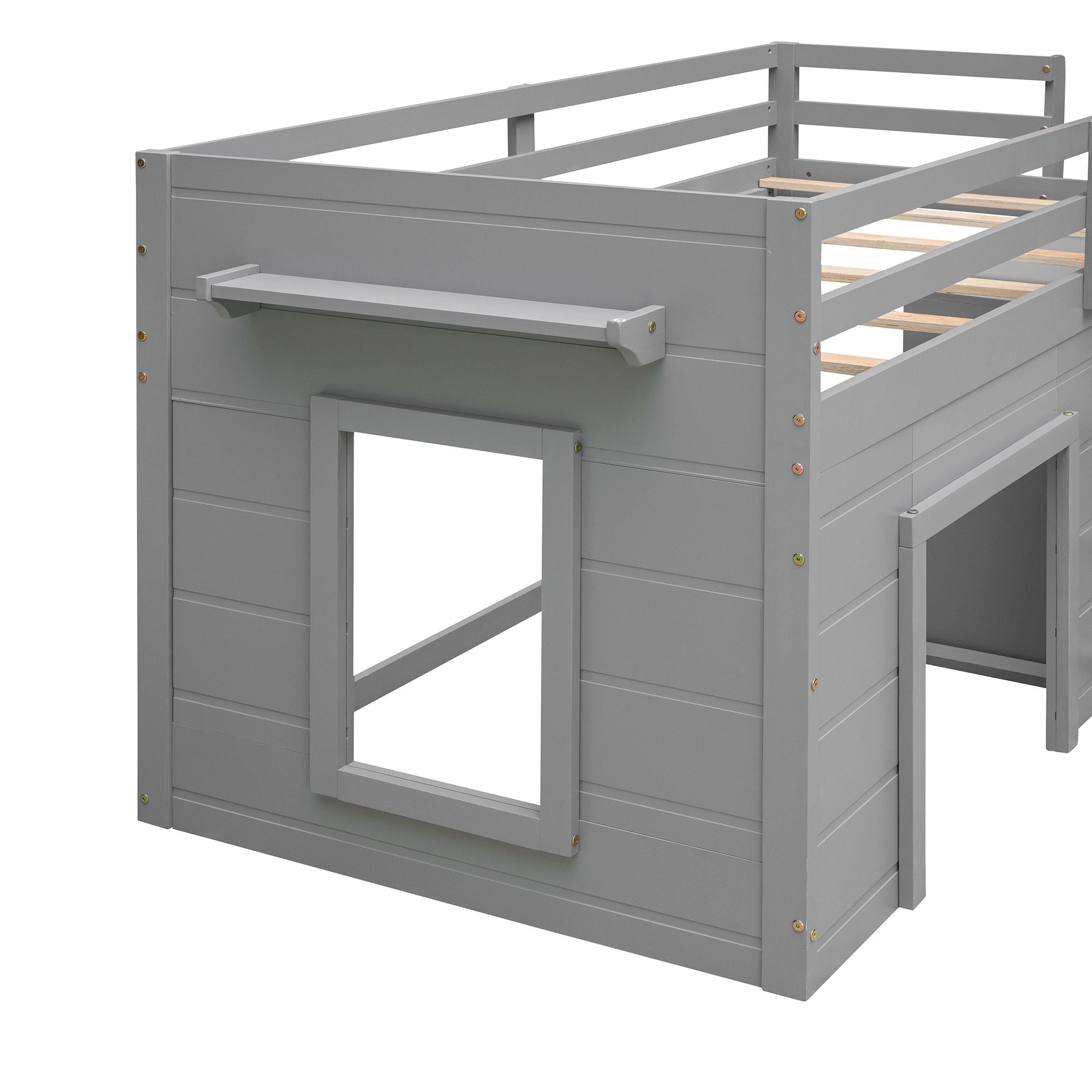 Space-Saving Twin Wood Loft Bed with Cabinet and Shelf, White Gray Espresso | Just Better Bunk Beds