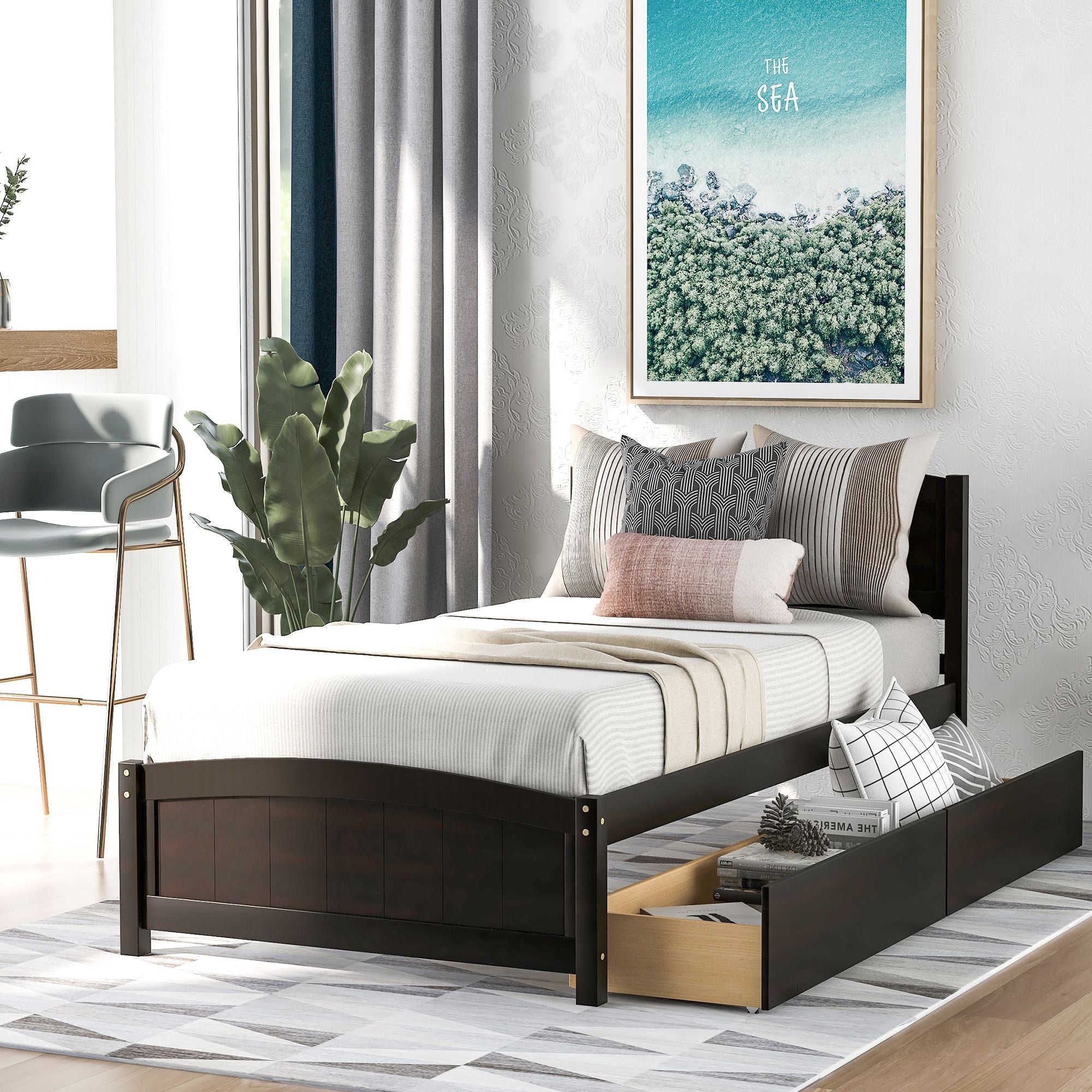 Space-Saving Twin Wood Platform Bed with Two Storage Drawers, White, Espresso, or Gray | Just Better Bunk Beds