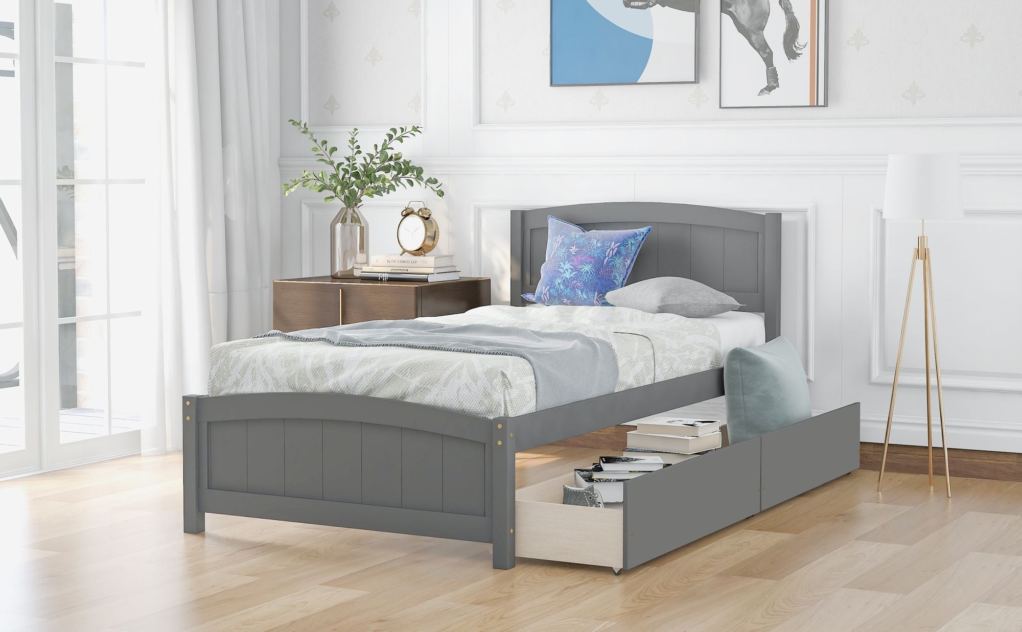 Space-Saving Twin Wood Platform Bed with Two Storage Drawers, White, Espresso, or Gray | Just Better Bunk Beds