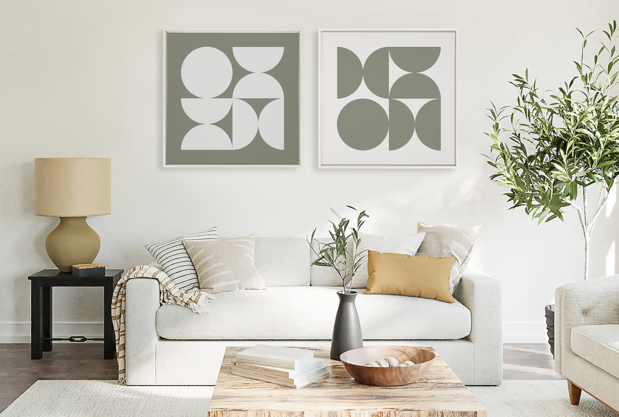 Sylvie Bold Vintage Geometric Soft White on Sage Green Framed Canvas by The Creative Bunch Studio