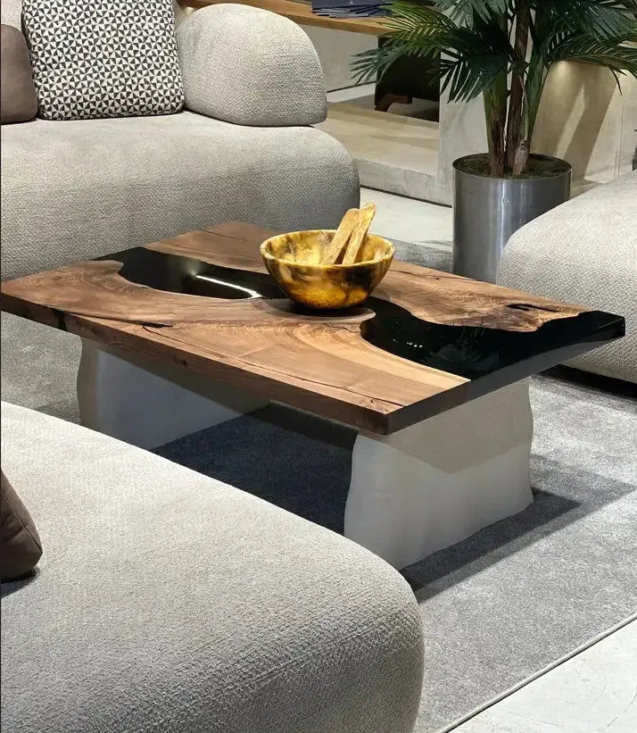 Epoxy-Resin Walnut Coffee Table With Stone Looking Legs