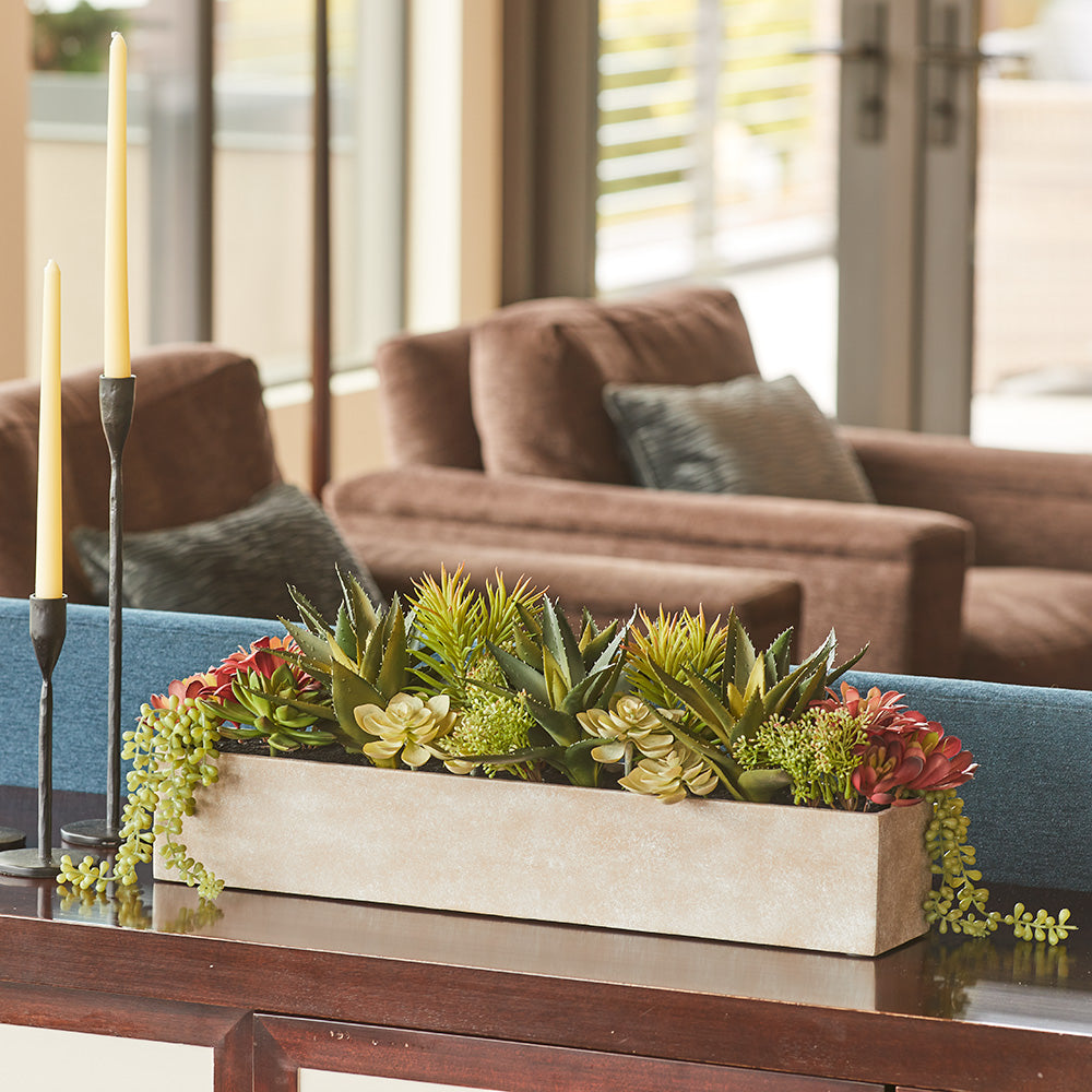 Rectangular Artificial Succulent Arrangement, Natural Planter-2