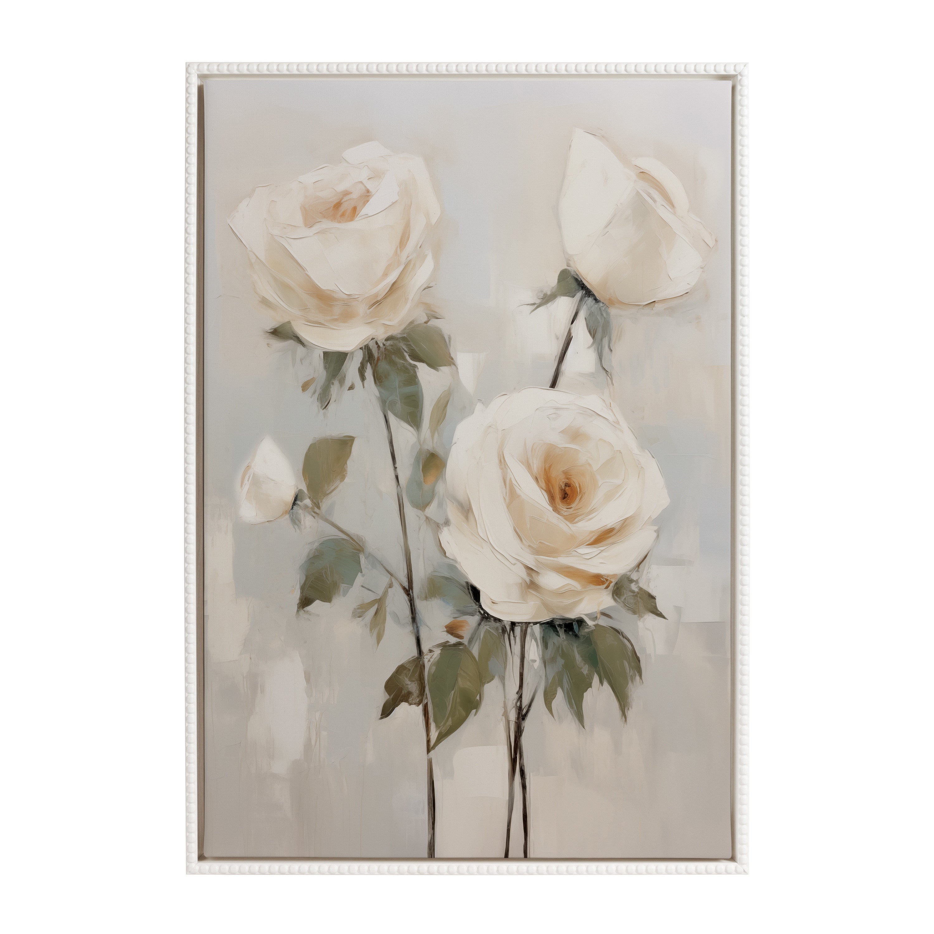 Sylvie Beaded Soft White Roses Framed Canvas by The Creative Bunch Studio