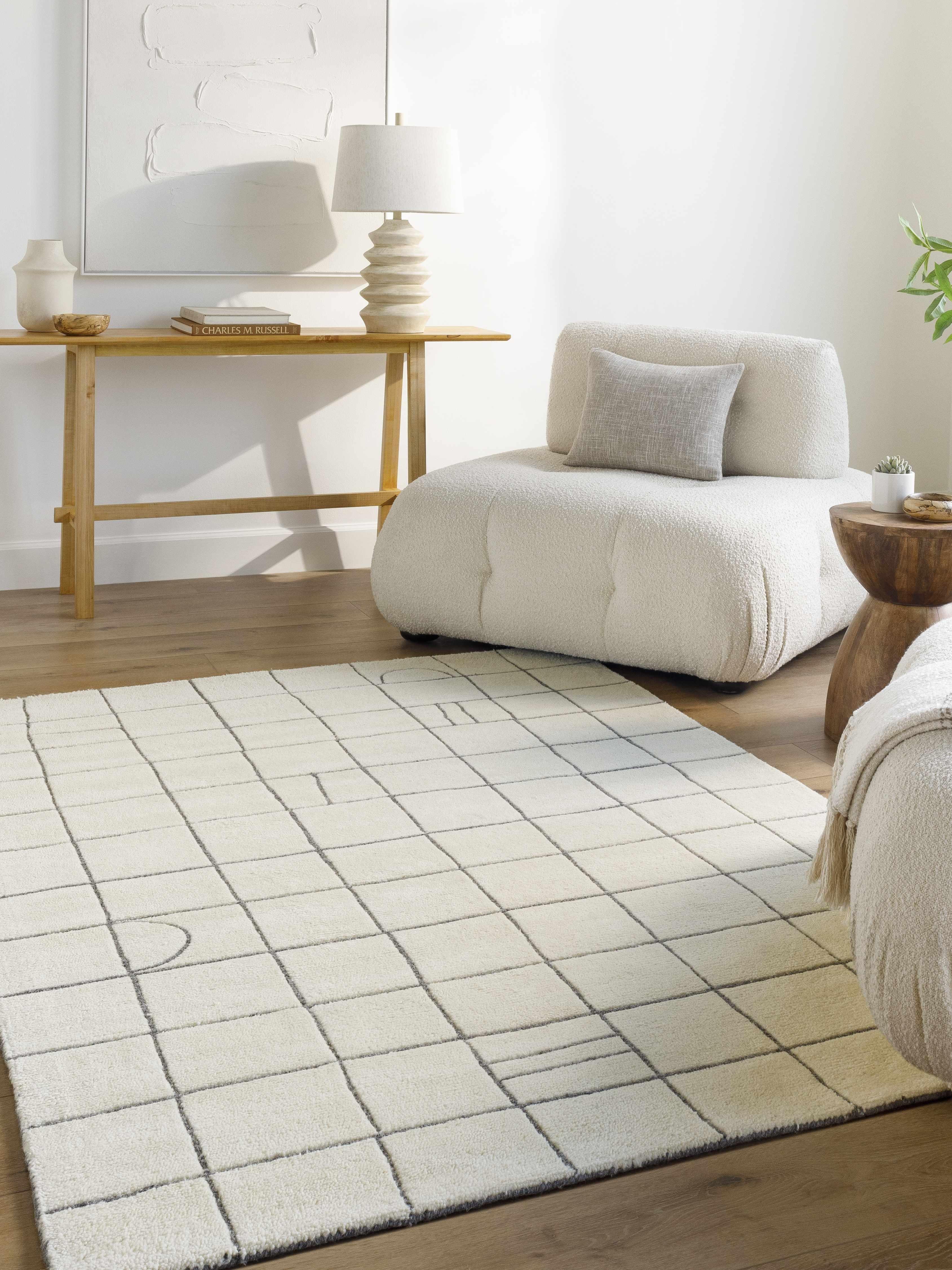 Tanya Pearl White Grid Wool Rug - PRHOMZ