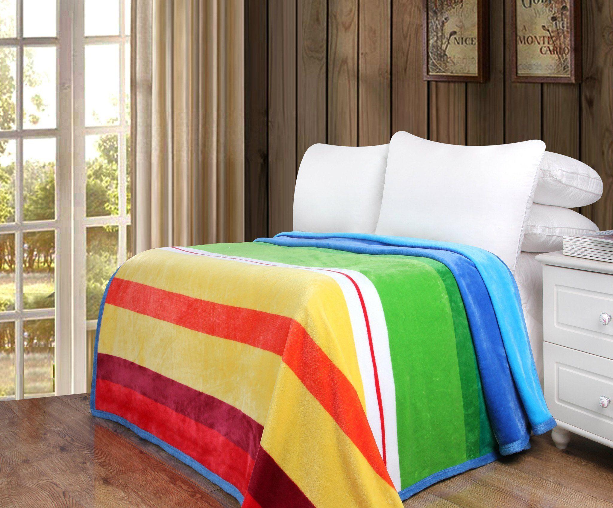 DaDa Bedding Colorful Striped Rainbow Reversible Plush Luxe Flannel Fleece Throw Blanket (XY9867)