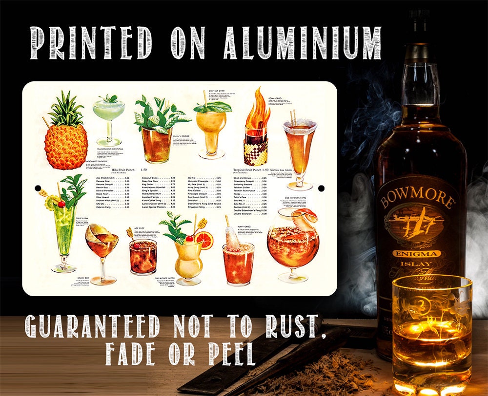 Tiki Tropical Drink Menu - Metal Sign