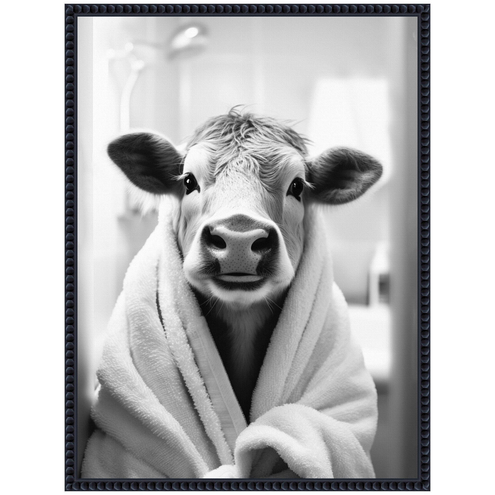 Sylvie Cow Bathroom Art Towel Robe Black and White Framed Canvas by The Creative Bunch Studio
