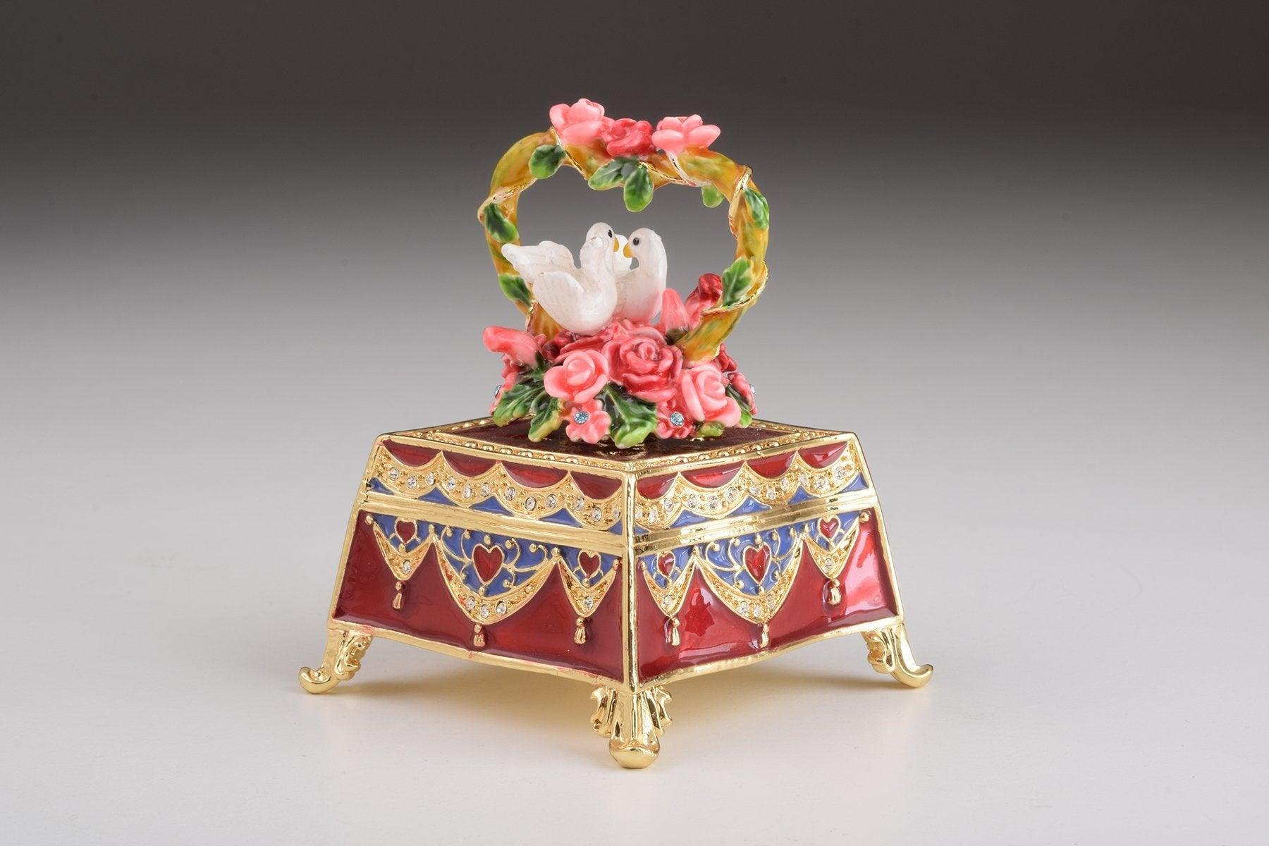 Red Decorated Box with Roses and Two White Doves - PRHOMZ