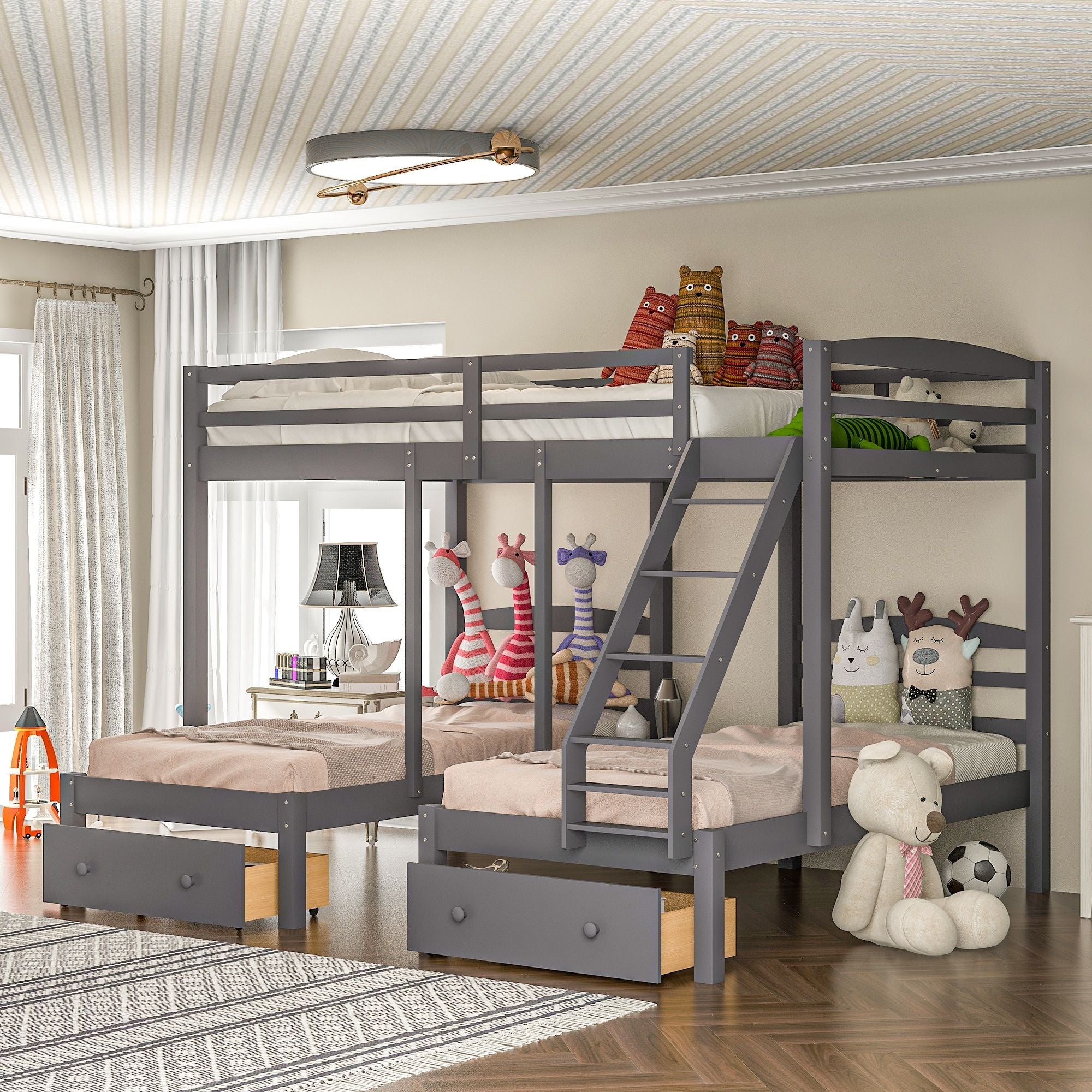 Triple Bunk Bed for Shared Kids Rooms Full Over Twin Over Twin Wood with Storage Drawers Gray | Just Better Bunk Beds