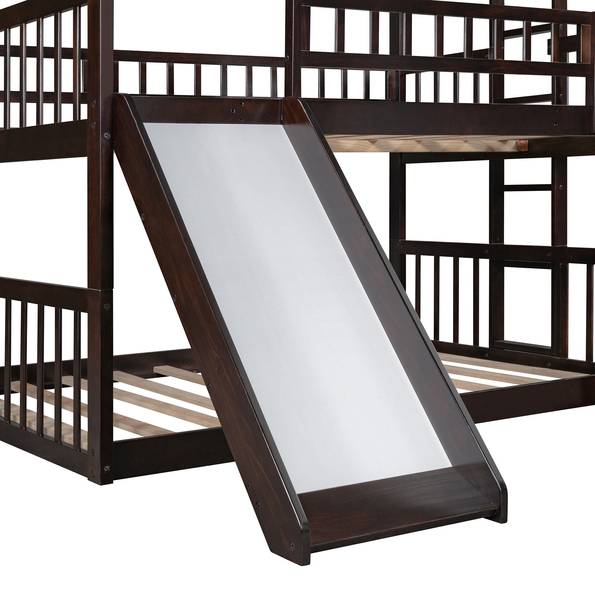 Triple Full Over Full Over Full Wood Bunk Bed with Slide and Ladder, Espresso Finish | Just Better Bunk Beds