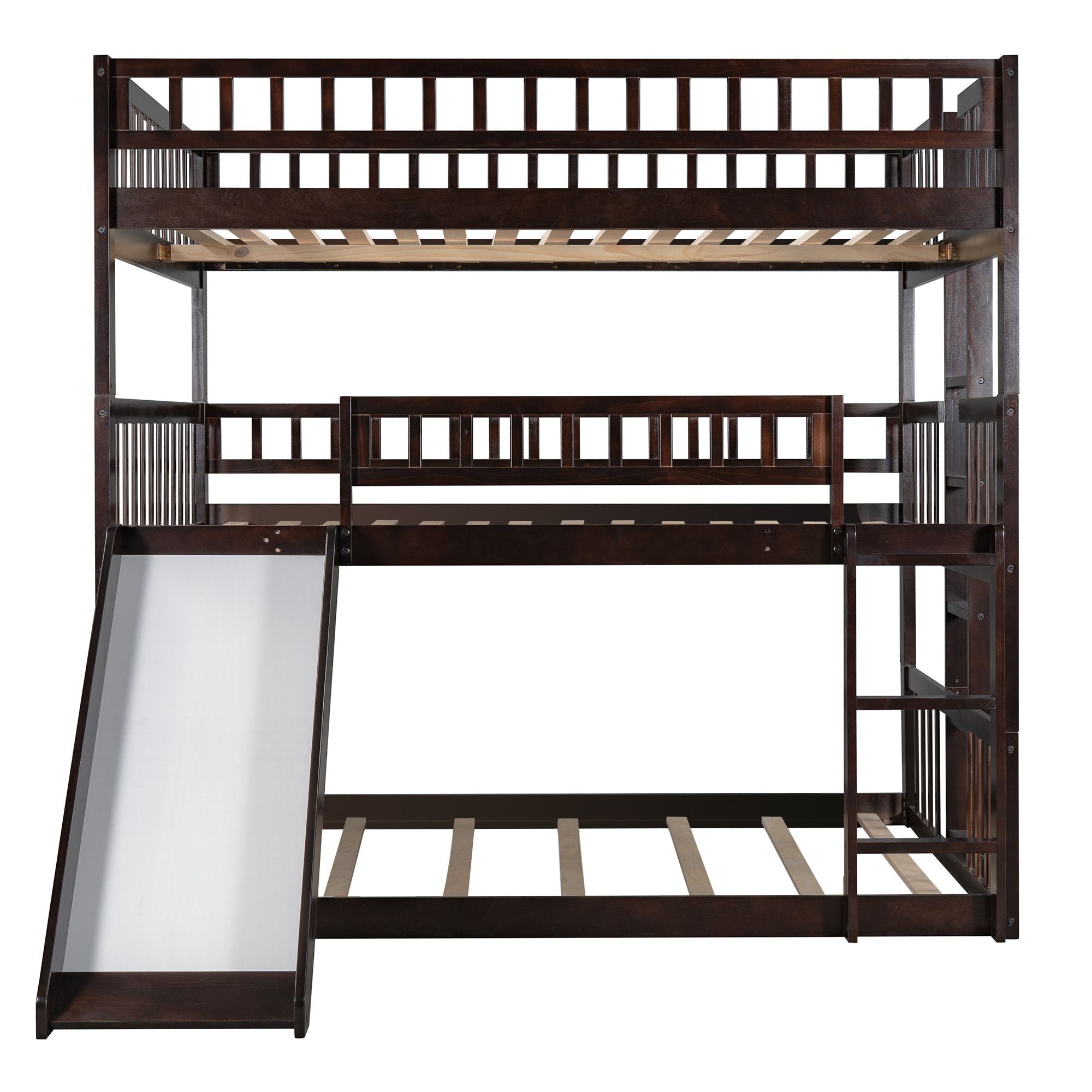 Triple Full Over Full Over Full Wood Bunk Bed with Slide and Ladder, Espresso Finish | Just Better Bunk Beds