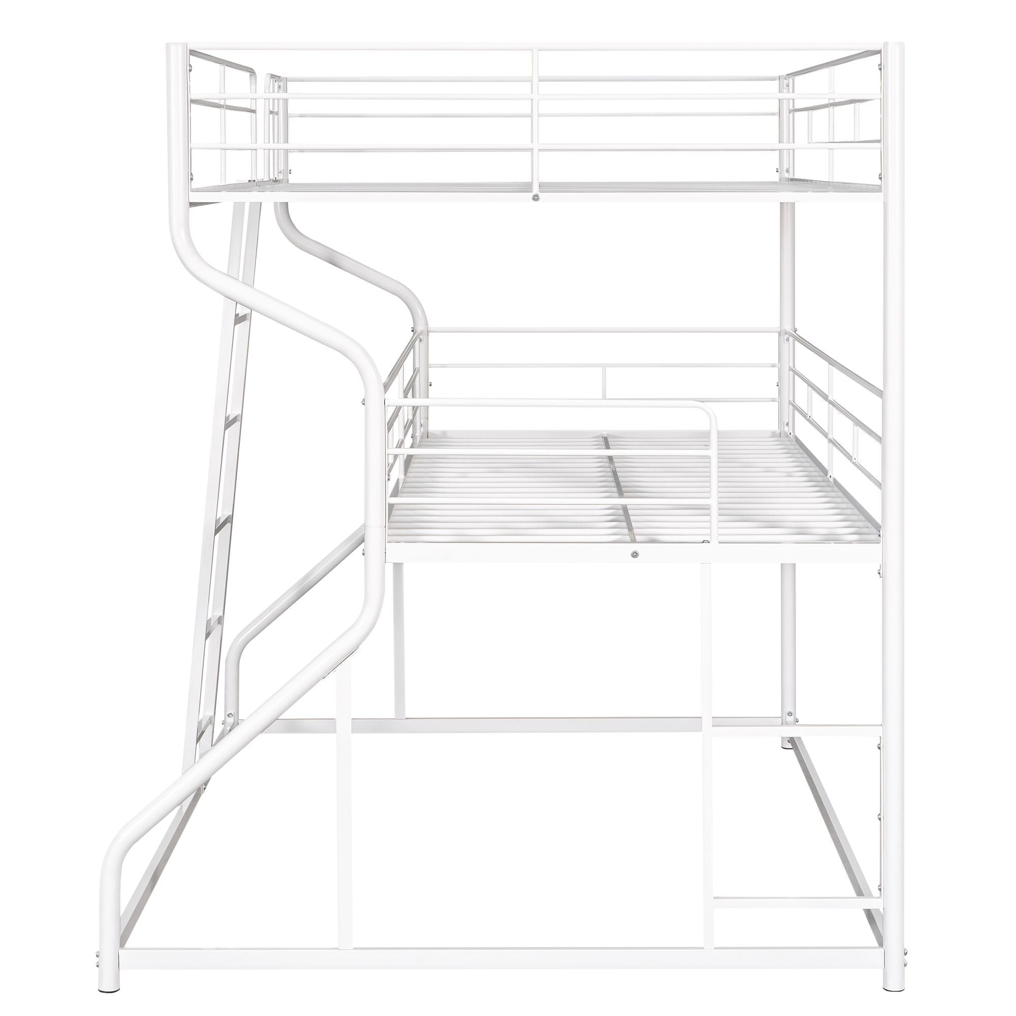 Triple Kids Shared Room Full XL Over Twin XL Over Queen Metal Bunk Bed with Two Ladders White | Just Better Bunk Beds