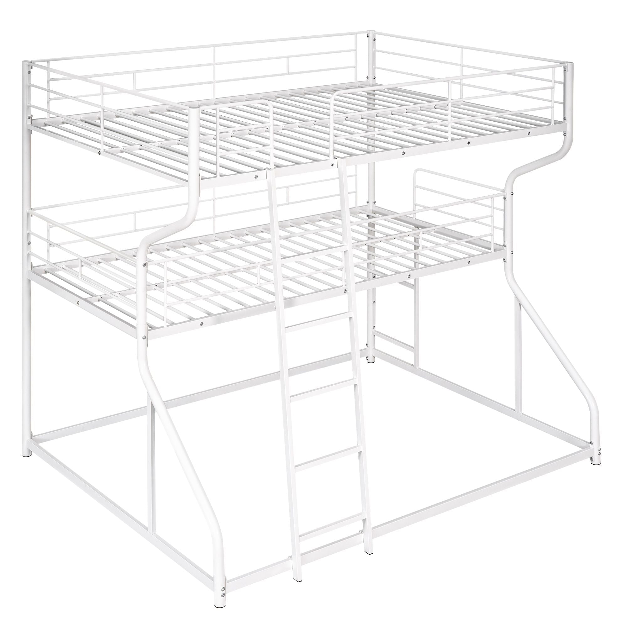 Triple Kids Shared Room Full XL Over Twin XL Over Queen Metal Bunk Bed with Two Ladders White | Just Better Bunk Beds