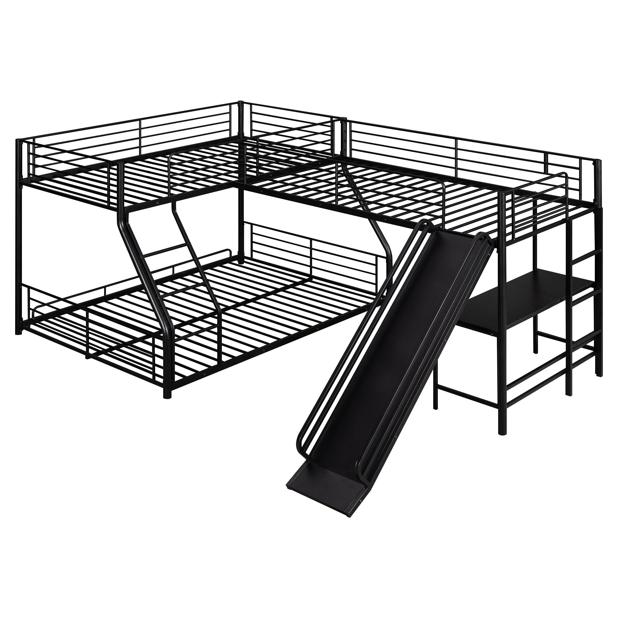 Triple Sleep L-Shaped Twin Over Full Bunk Bed with Twin Loft, Built-in Desk and Slide, Metal Black | Just Better Bunk Beds