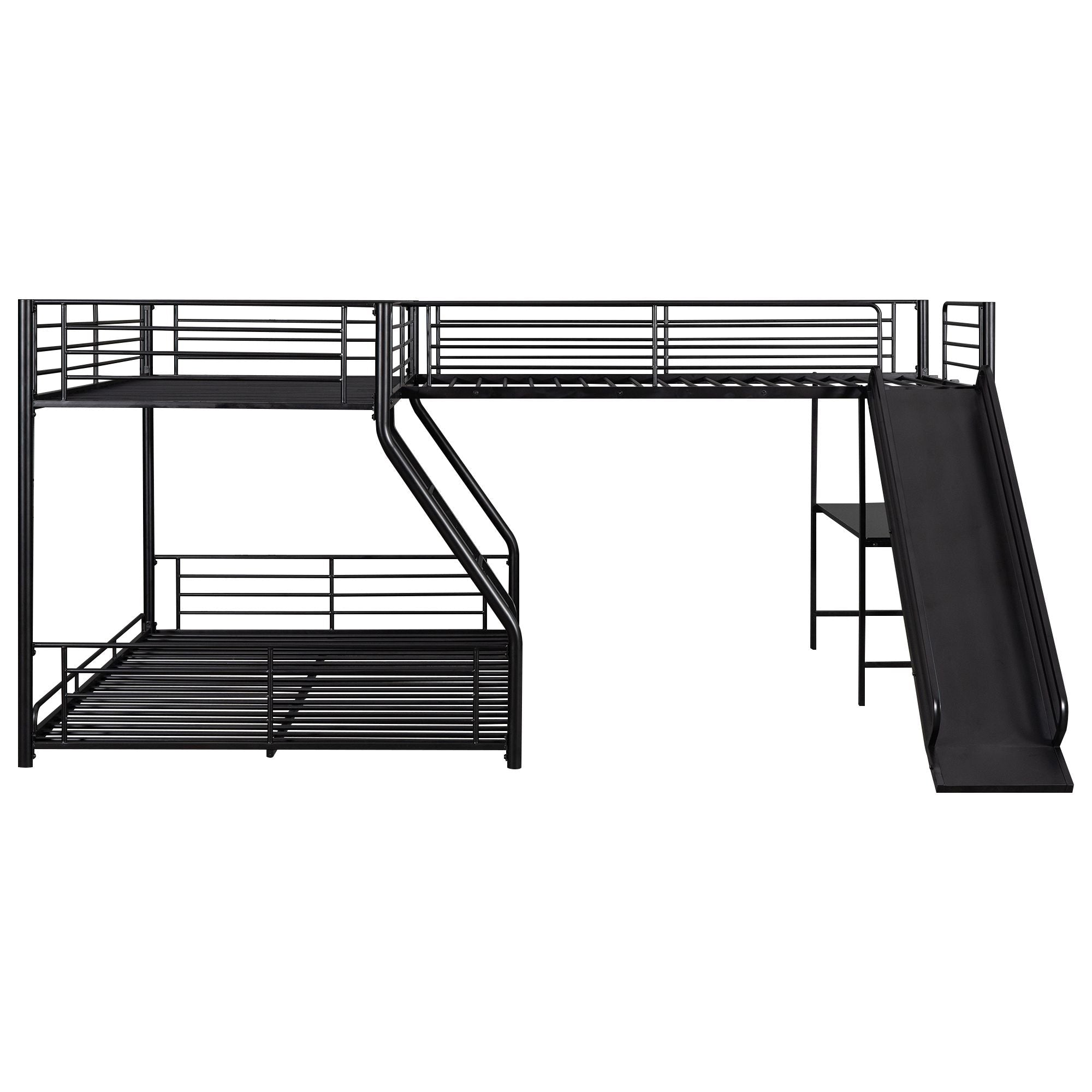 Triple Sleep L-Shaped Twin Over Full Bunk Bed with Twin Loft, Built-in Desk and Slide, Metal Black | Just Better Bunk Beds